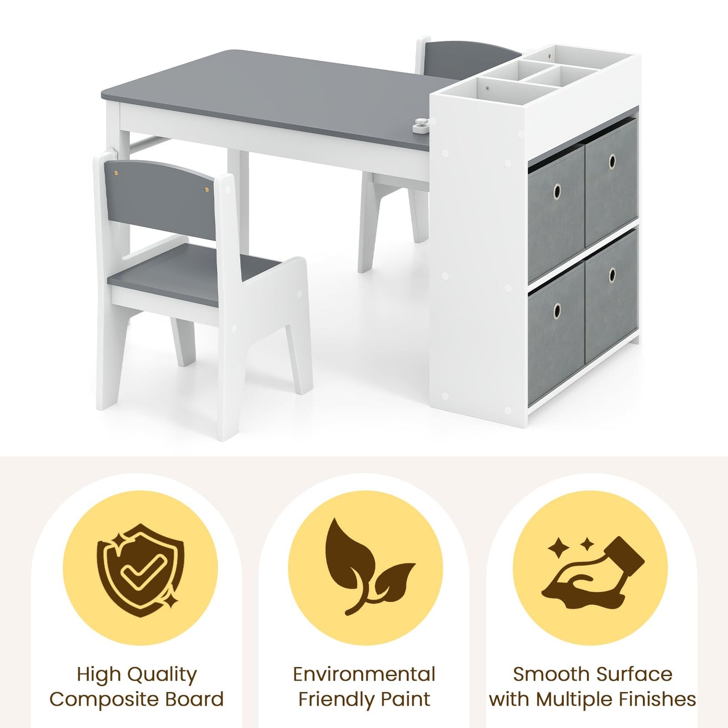 INFANS Kids Art Table and Chair Set, Toddler Craft Play Wood Activity Desk with Paper Roll 2 Chairs Storage Canvas Bins for Writing Drawing, Children Furniture for Daycare Nursery Boys Girls Ages 3+