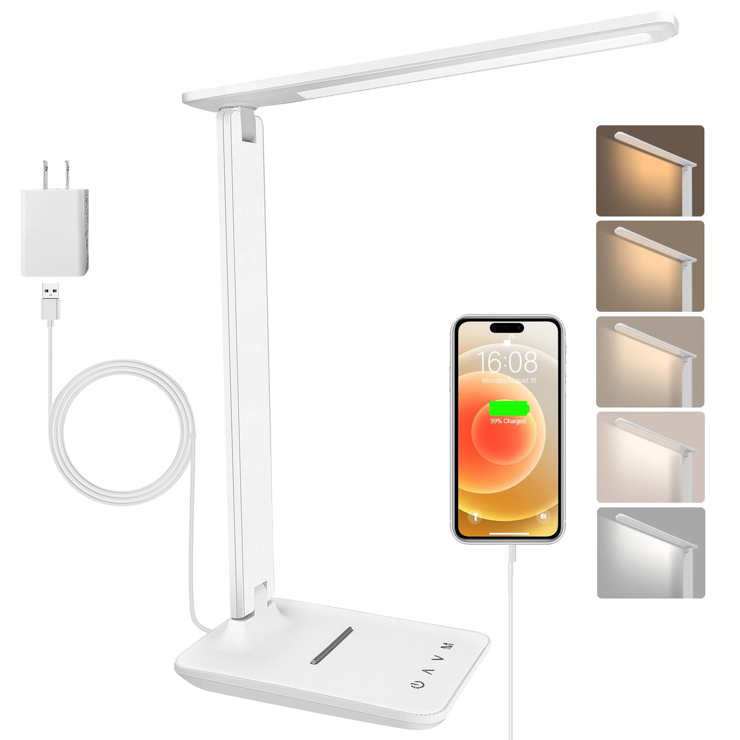 karidi LED Desk Lamp Dimmable Table Lamp with USB Charging Port, 5 Lighting Modes, Sensitive Control, Foldable Portable Desk Light for Home Office Bedroom Reading (White, Standard Size - 13.3 inch)