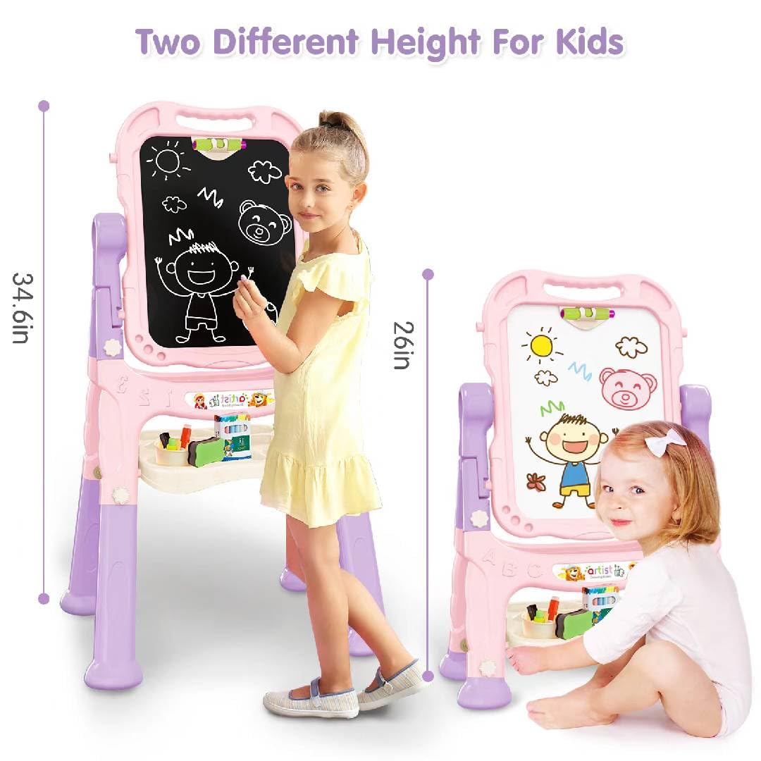 Kids Art Easel, Adjustable Drawing Whiteboard & Chalk Board, Double Sided Toddler Easel with Painting Accessories, Birthday Gift Toy for Little Girls Boy Age 2 3 4 5 (Pink)