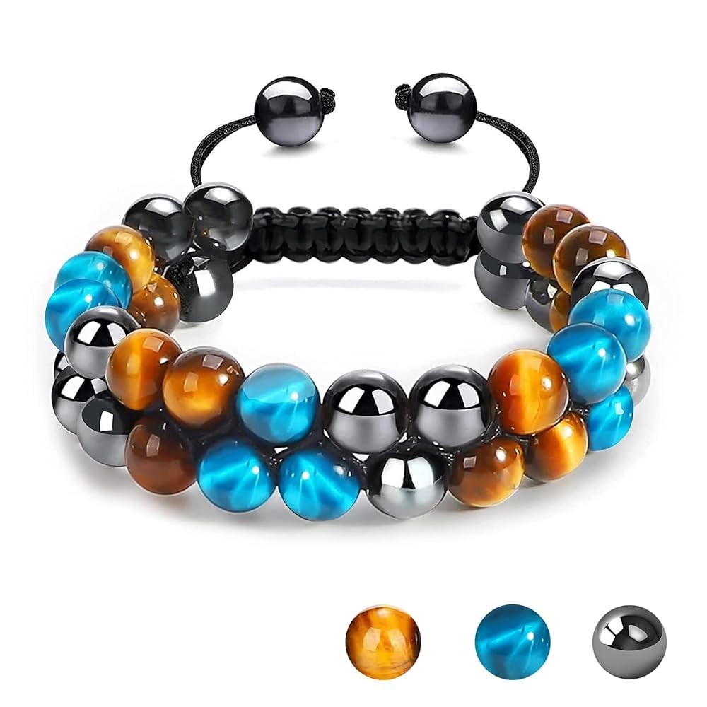 MIDON Tiger Eye Bracelet, Triple Protection Bracelet for Men Women, Handmade Tiger Eye Beads Hematite and Black Obsidian Jewelry Natural Stone Healing Energy Crystal Bracelets