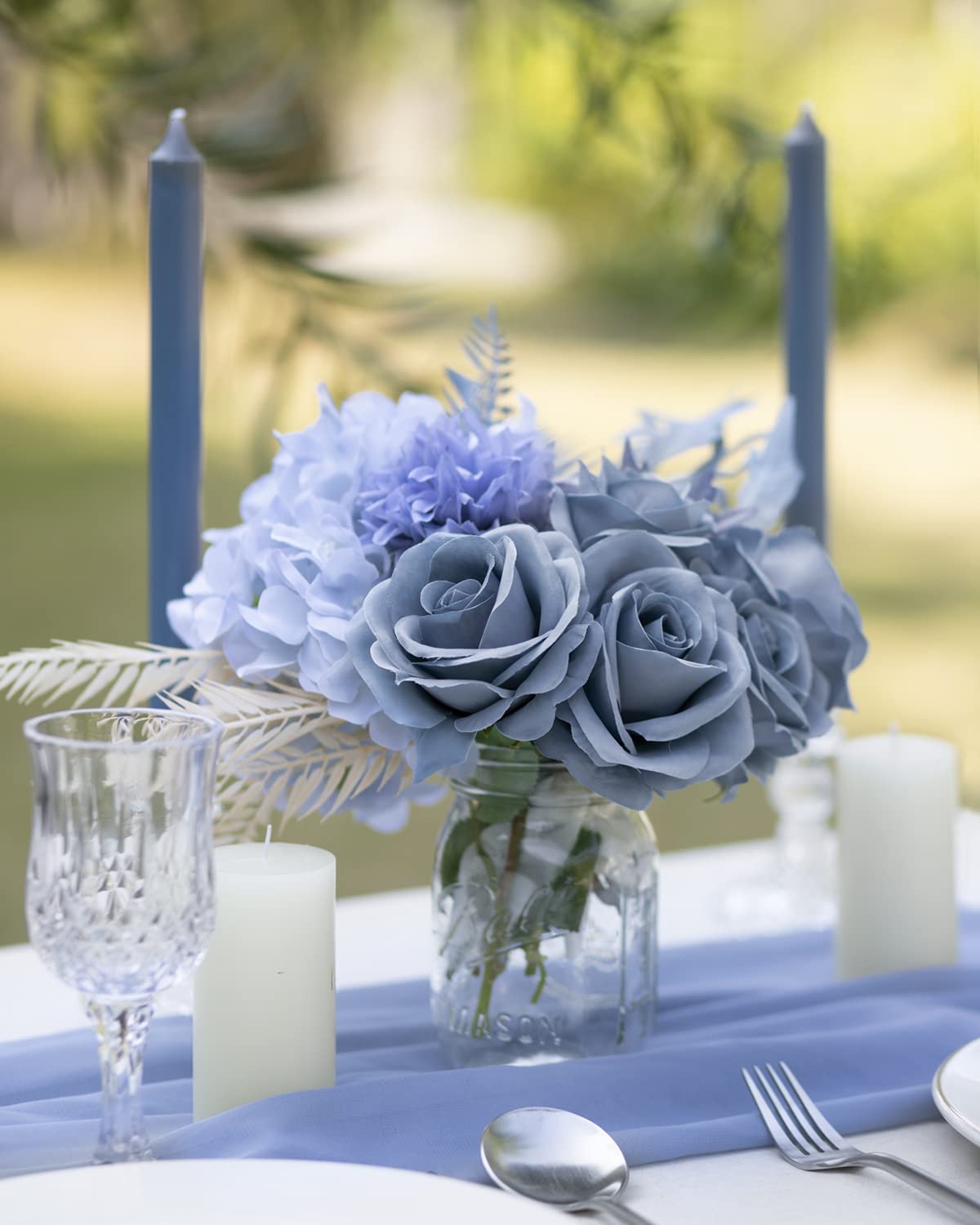 LFF 10Pcs Dusty Blue Roses Artificial Flowers, Faux Silk Roses with 21.2" Long Stems & 2.36" Large Blooms, Lifelike Fake Roses for DIY Wedding Bouquet Home Party Vase Filler Table Centerpiece Decor
