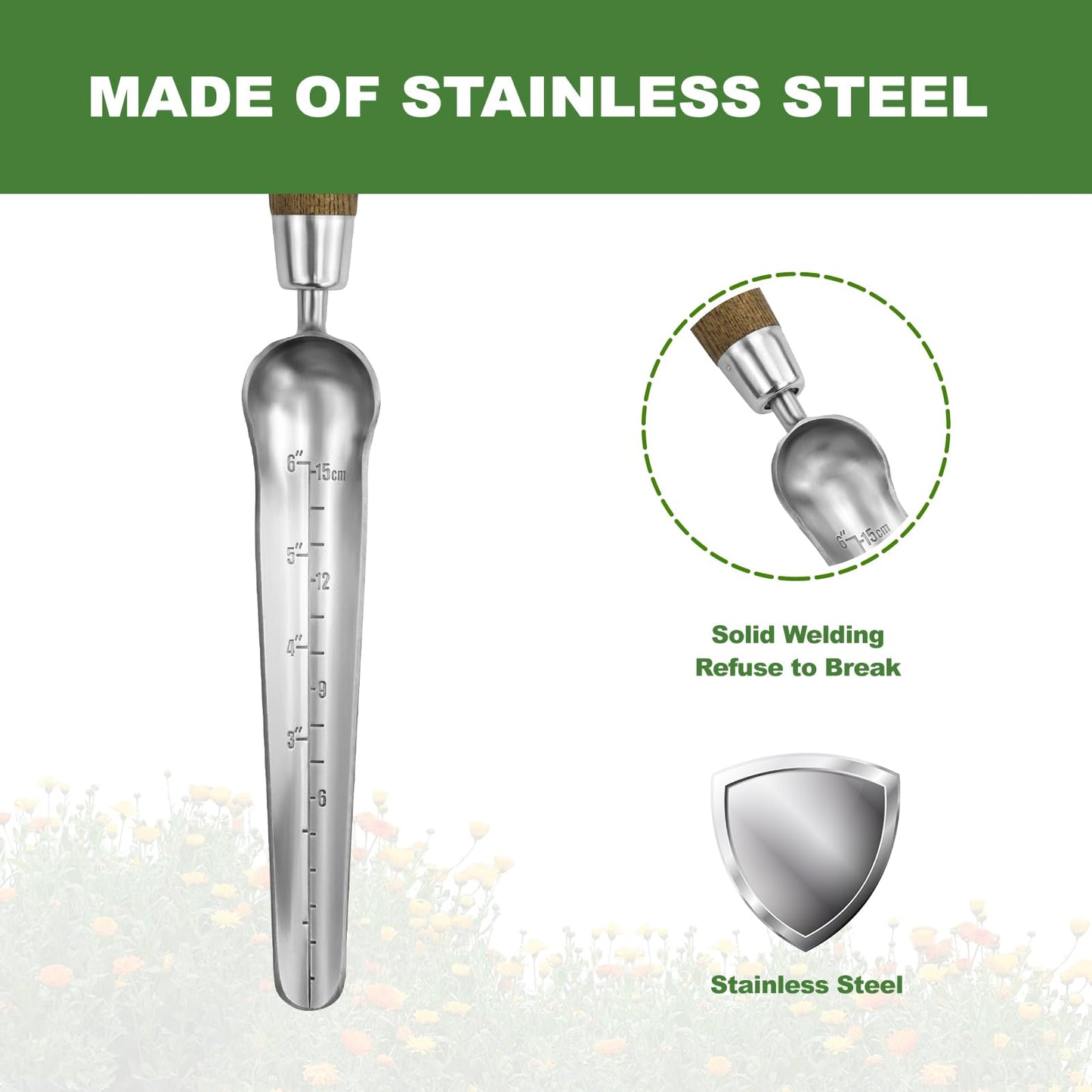 Haliaeetus Seeding Widger with 6'' Scale, Stainless Steel Planting Trowel for Repotting, Long and Narrow Widger for Weeding from Tight Areas, Hand Transplanter with Wood Handle for Planting, Digging