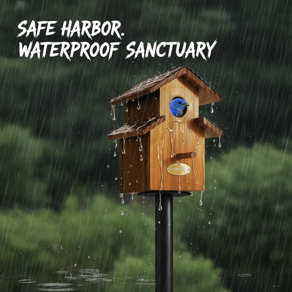 Water Proof Bluebird House for Outside, 2 Layers Metal Roof Water Proof, Outdoor Lifetime Durability Solid Cedar Wood Bird House for Pole, Secure Latch, Updated 1.5" Hole Size (Comfy Mansion)