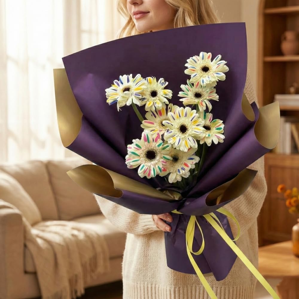 BBJ WRAPS Korean Flower Wrapping Paper, Golden Double-Sided Floral Paper for Bouquets, Waterproof Bouquet Wrapping Paper for Florist Supplies, 23.6 x 23.6 Inch - 20 Sheets