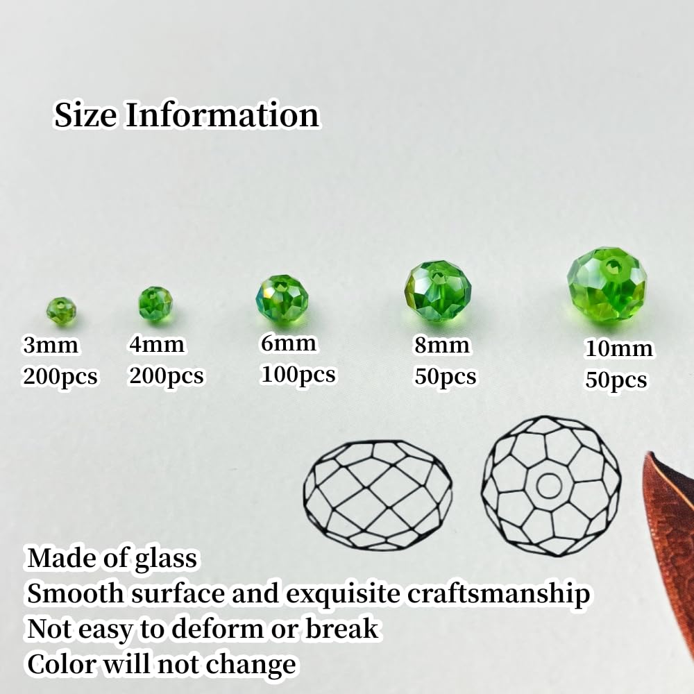 Xinhongo 600pcs Crystal Glass Beads 3mm 4mm 6mm 8mm 10mm Rondelle Faceted Crystal Beads Spacer Beads for Necklace Bracelet Earrings DIY Jewelry Crafts Making Supplies(Green AB)