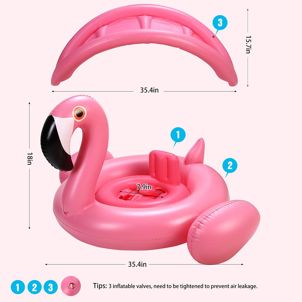 Baby Pool Float with Canopy,Flamingo Inflatable Swimming Ring,Infant Pool Floaties Sunshade Toys for Baby Girls Boys Toddlers Pink