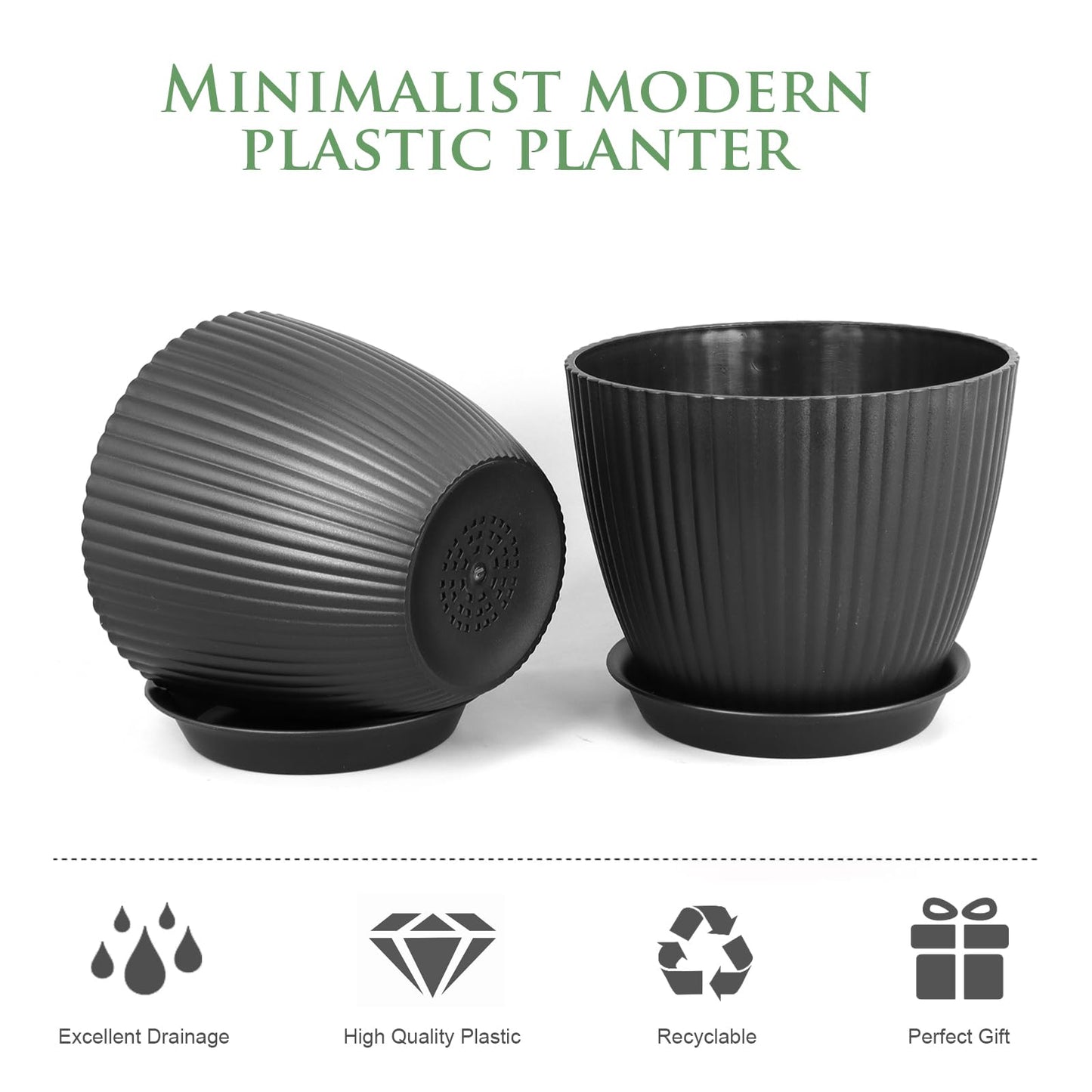 Meowell 7/6.2/5.5/5/4.5/4 inch Flower Pots, 6 Pack Plant Pots for Small Indoor Outdoor Plants, Plastic Planters with Drainage Holes and Saucers for Garden Succulent House Plants, Black