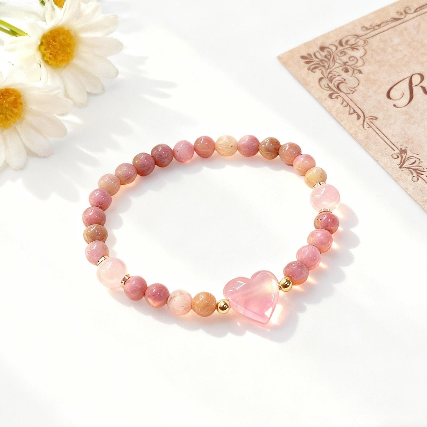 6mmHeart Crystal Beaded Bracelets for Women and Rose Quartz Healing Anxiety Stone Handmade Pink Natural Stone Bracelet Stretch Bracelet Gemstone Reiki Spiritual Valentine DayJewelry Gifts(Rhodonite)