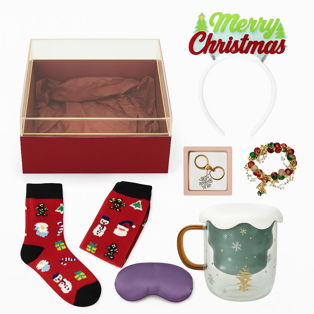 YUNNUOLI Charming Christmas Gift Set – Cozy Holiday Glass, Festive Santa Socks, Elegant Christmas Bracelet & Premium Hollow Packaging – Perfect Holiday Gift for Women, Friends & Family