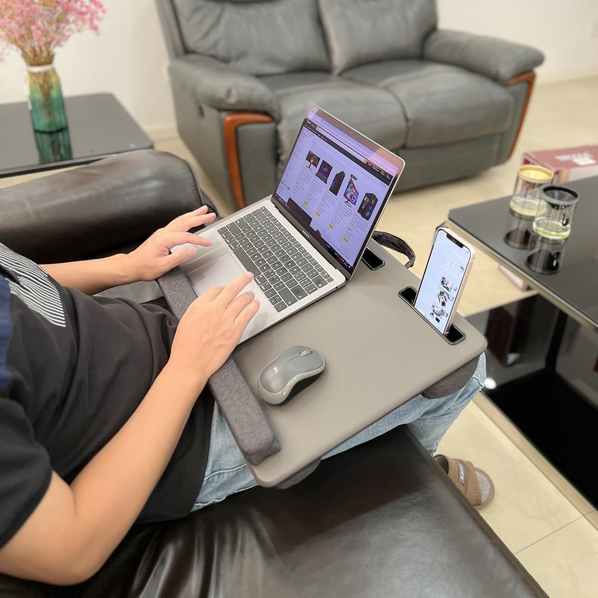 HLead Lap Desk Home Office Lap Desk Portable Laptop Desk for Left Right - Handers with Whole Mouse Pad Wrist Pad Dual Cushion Phone Tablet Slots Fits Up to 17 Inch Laptops