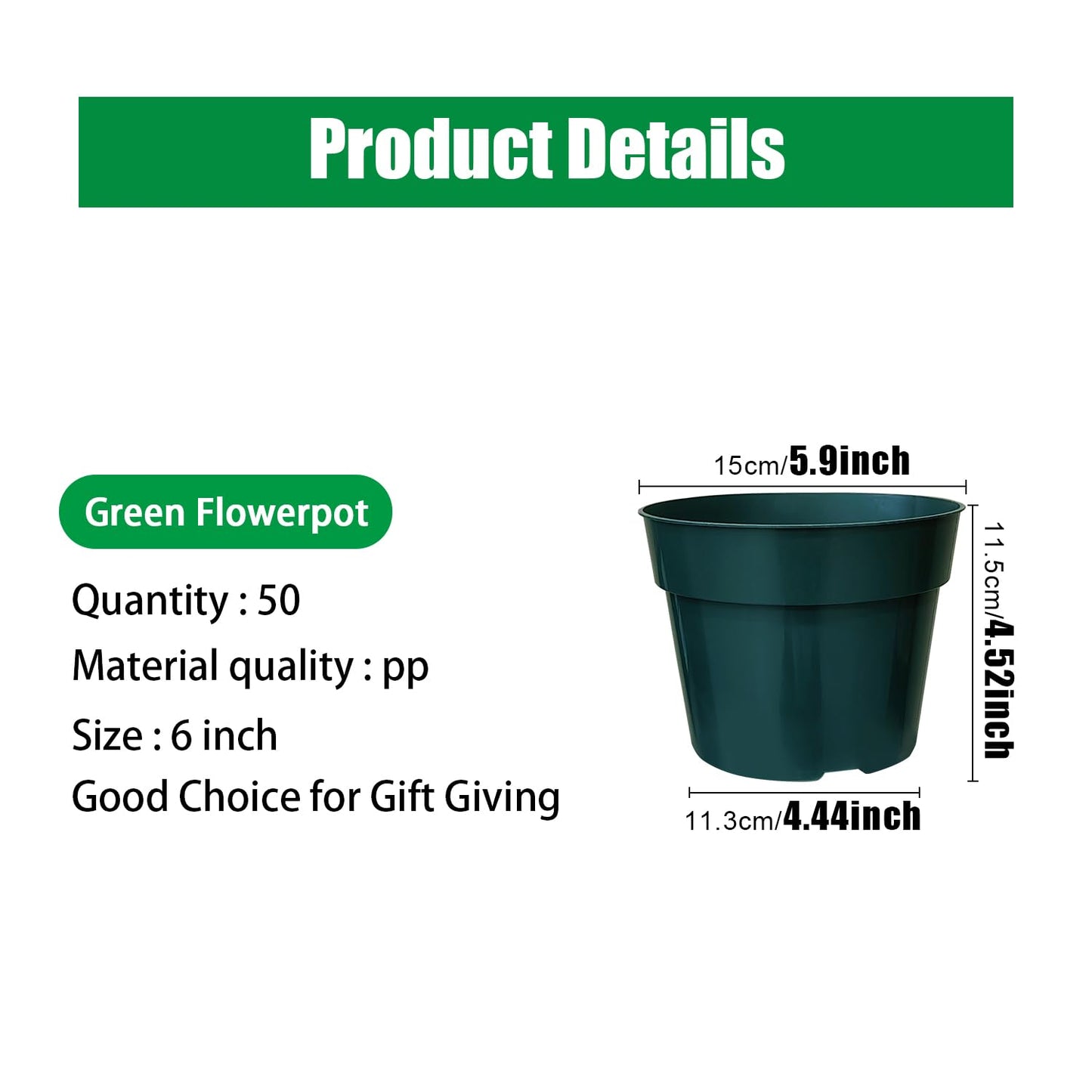 RooTrimmer 50 Pack 6 Inch Nursery Pots, Planting Grow Plastic Flower Pots, Thick Planters with Drainage Holes for Outdoor/Indoor Plants Succulent Herb (Green)
