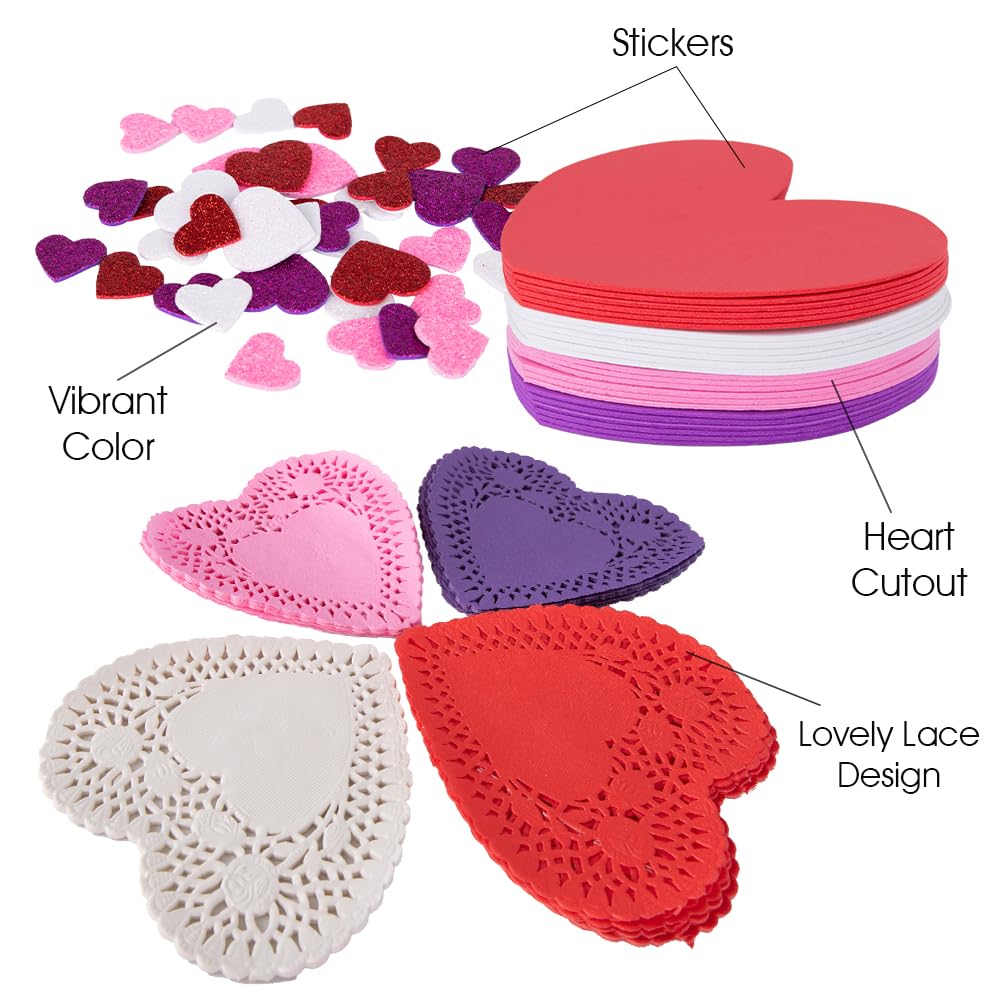 ArtCreativity 126+ Pcs Valentine's Day Heart Doilies Card Crafts for Kids - Valentine Day Crafts for Classroom Parties - Valentines Craft Supplies Kits with Heart Doilies and Glitter Foam Stickers