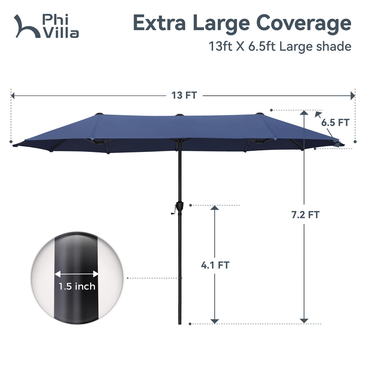 PHI VILLA 13ft Outdoor Market Umbrella Double-Sided Twin Large Patio Umbrella with Crank, Navy Blue