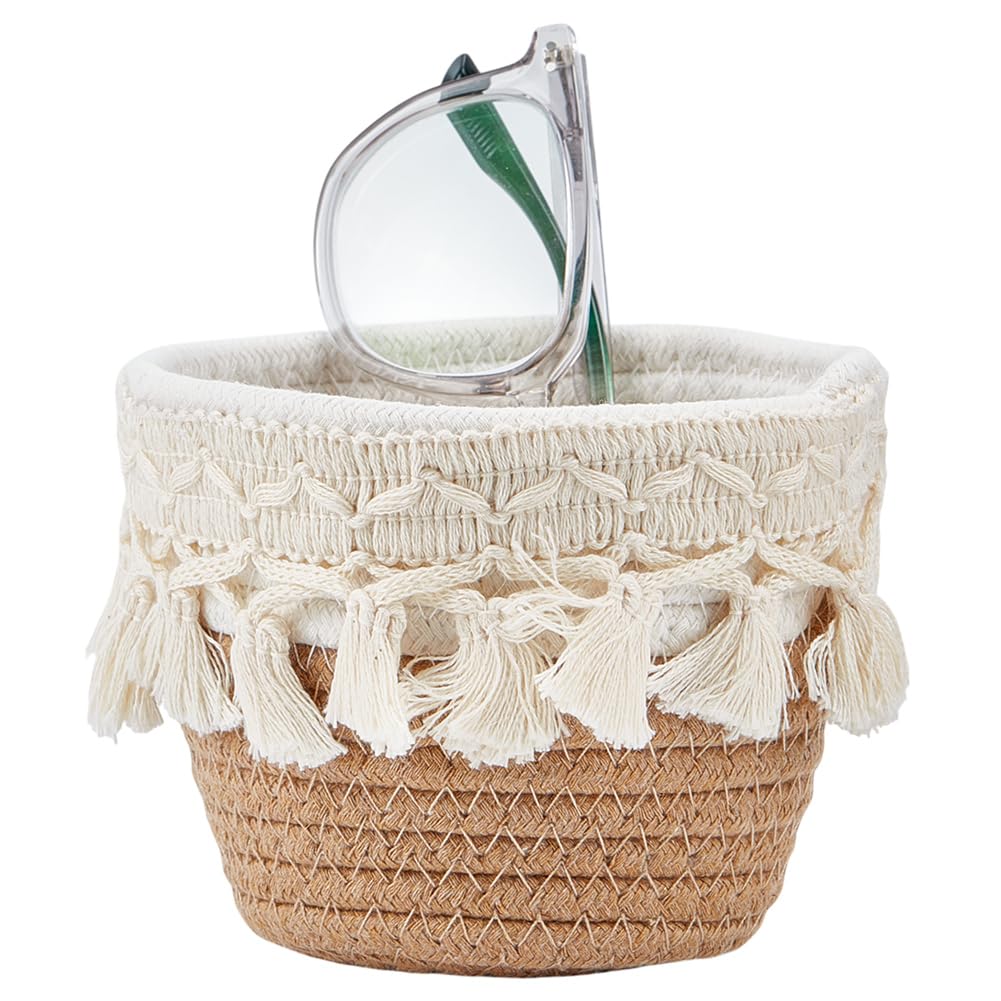 MAYJOYDIY Khaki Tassel Cotton Rope Woven Basket Round Boho Baskets with Cotton Rope Tassel 4.7×4.7×4.1inch Small Cleaning Cloth Eye Glass Storage Organizer for Bedroom Nursery Livingroom Entryway