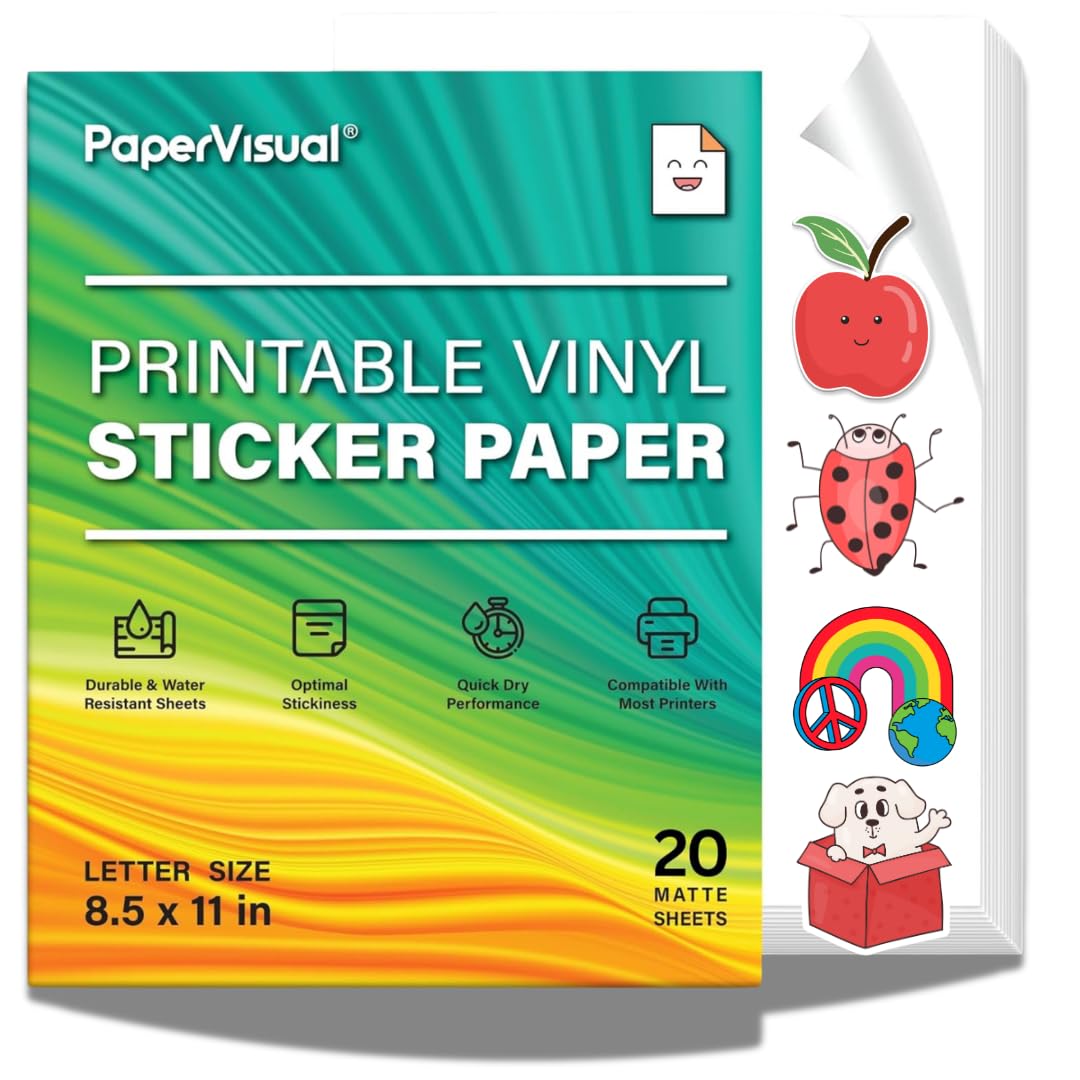 Premium Printable Vinyl Sticker Paper for Inkjet and Laser Printer - 20 White Matte Sticker Paper Waterproof - Excellent Adhesion Paper 8.5 x 11, Fast Dry, Holds Ink Well, Great for Cutting Machines