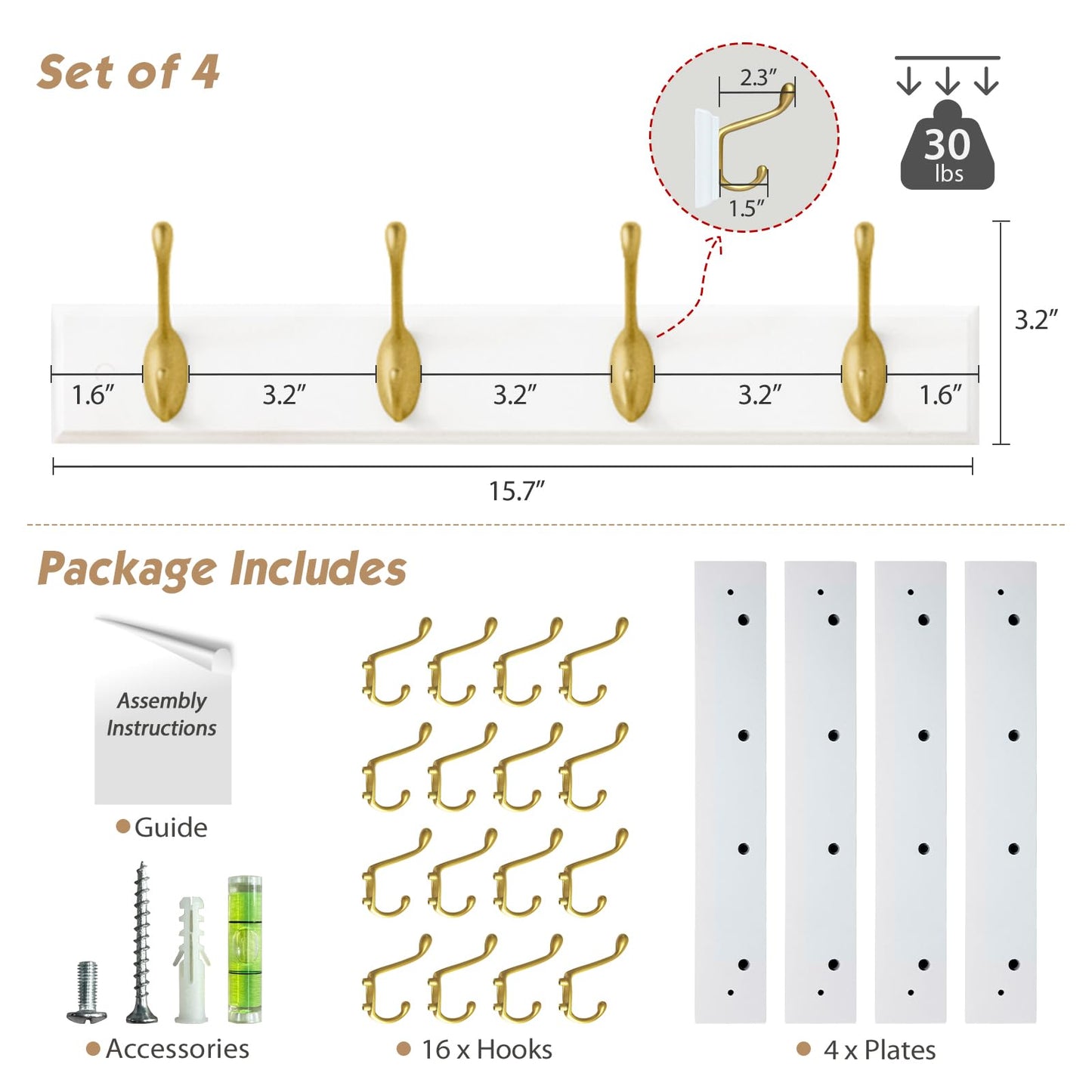 Forbena Gold Coat Rack Wall Mount, Decorative Coat Hooks for Wall, Heavy Duty Coat Hanger Key Holder for Hanging Hats, Coats, Purses, Bags Bathroom, Teen Grils Room (White and Gold, 4 x 4 Hook)