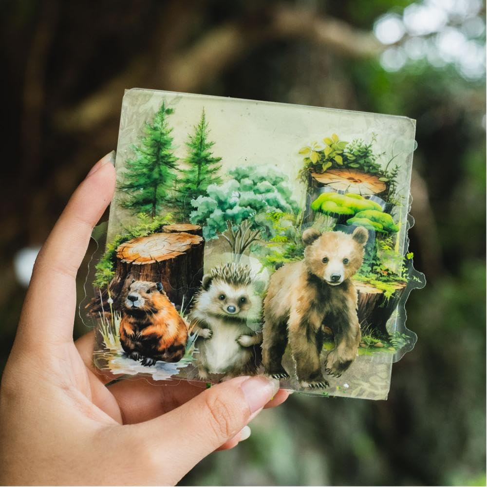Dwpetzo 150Pcs PET Forest Landscape Stickers for Journaling and Scrapbooking, 6 Themes with Pine Trees Woodland Animals Wooden Stumps Moss Nature Scene Stickers for Junk Journal Supplies, Collage