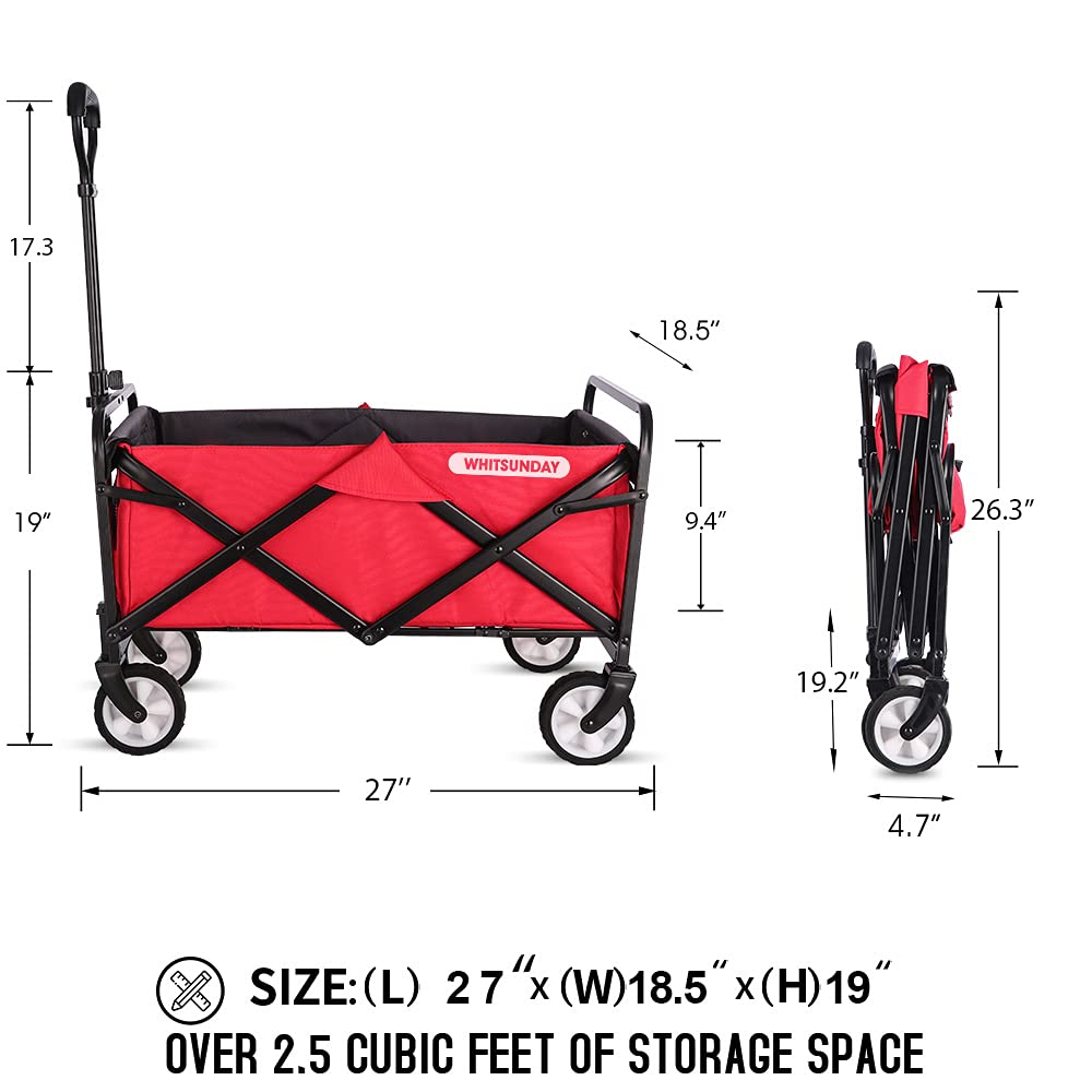 WHITSUNDAY Collapsible Folding Garden Outdoor Park Utility Wagon Picnic Camping Cart, Heavy Duty Foldable with Wheel and Bottle Holders Red