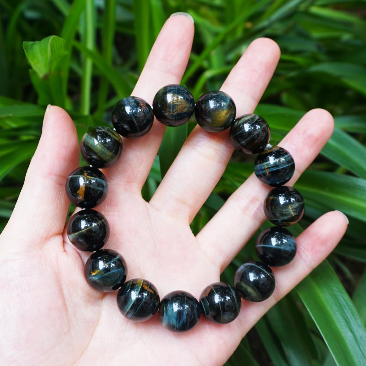 14MM Blue Tiger Eyes With Gold Eyes Bracelet for Men Women, Fits for 7-7.5" Wrist | Protection from Evil Gem | Natural Birthstone for June | Spritual Gift for Friends Familys