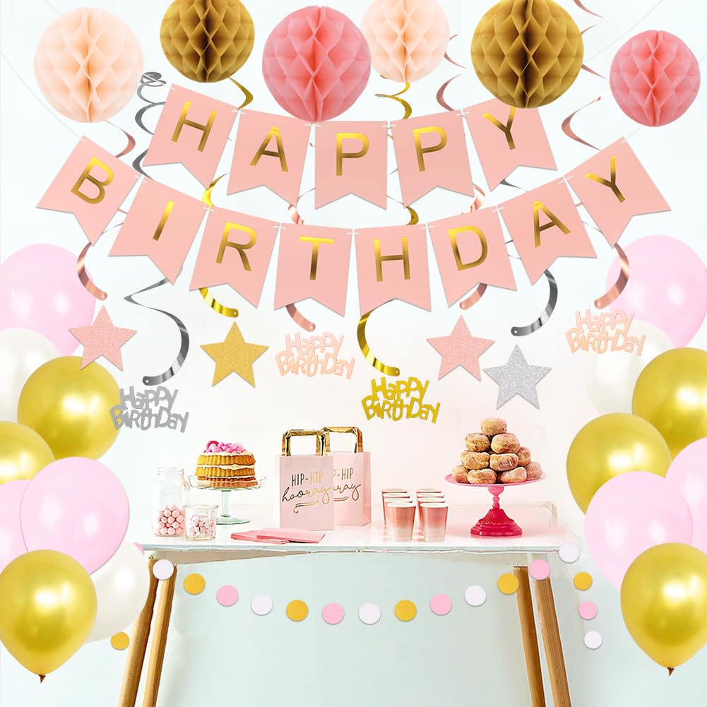 Birthday Decorations, NO DIY, Pre-Strung Happy Birthday Banner with Honeycomb Balls, Metallic paper Hanging Swirls Streamers, Circle Dots Garland, Party Paper Bunting for Women Men Boys Girls(Pink)