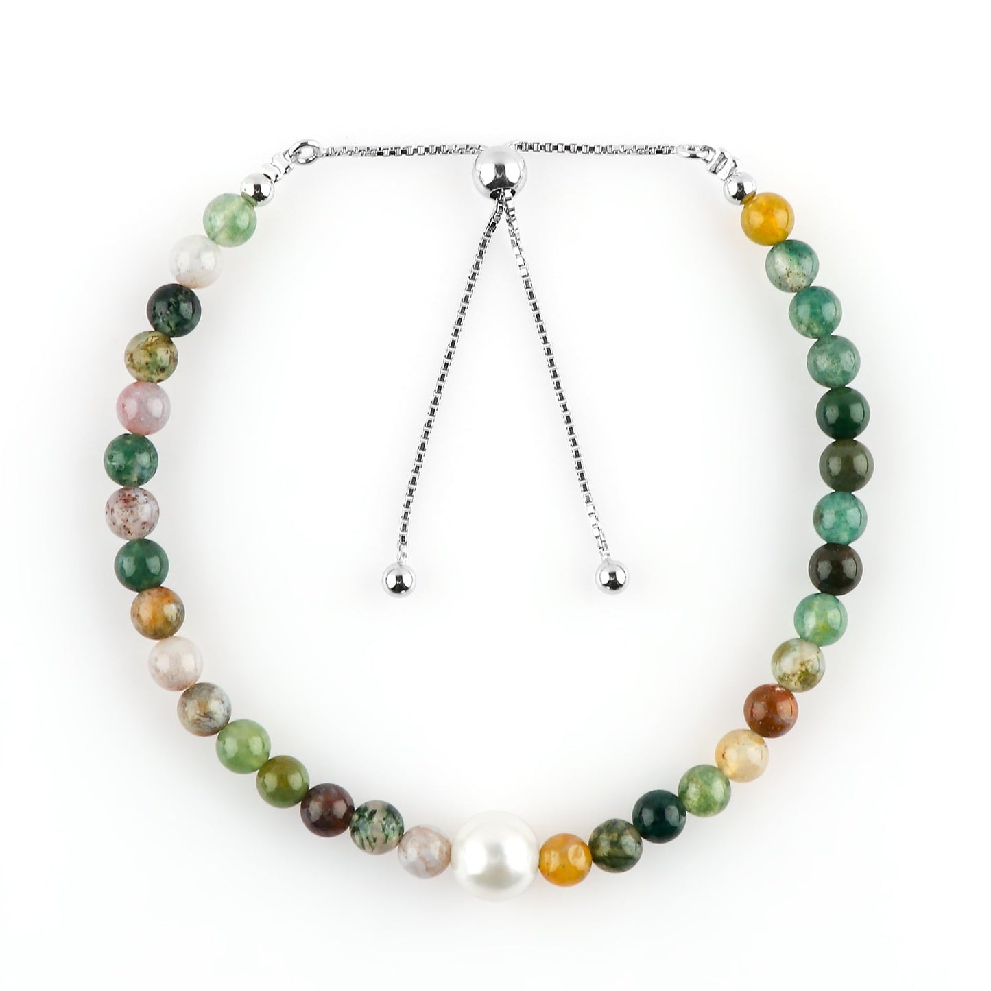 CRYSTALIS Natural Moss Agate Beads Slider Bracelet with Elegant Pearl, High Grade Beaded Crystals, Chakra Healing Gemstone, Gift Giving Women Jewelry, 925 Sterling Silver Slider 10 inch