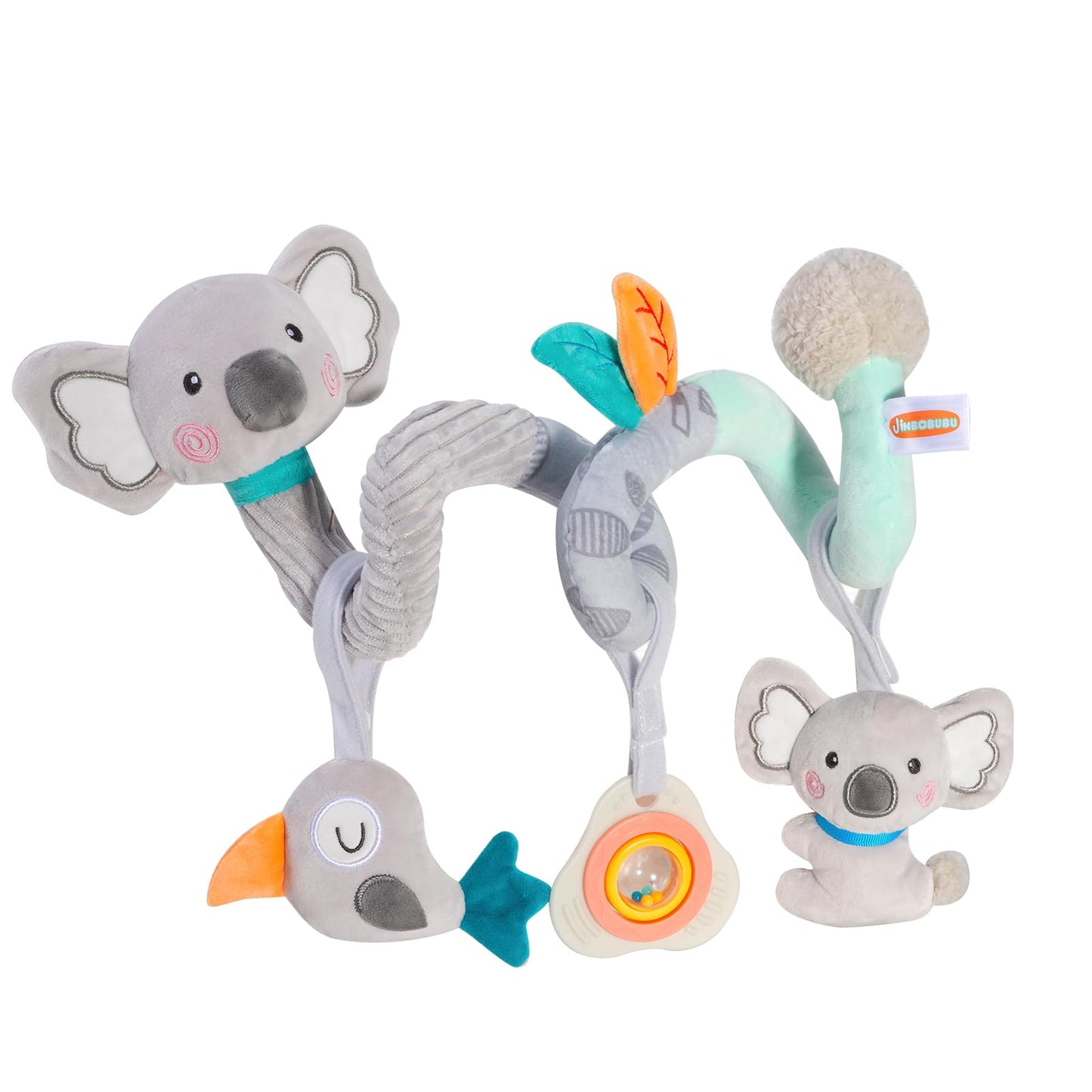 JINBOBUBU Baby Spiral Car Seat Toy, Stroller Hanging Sensory Toy for Newborn 0-12 Months, Soft Plush with Rattle Crinkle Teether, Koala Bird Activity Toy for Infant Boys Girls