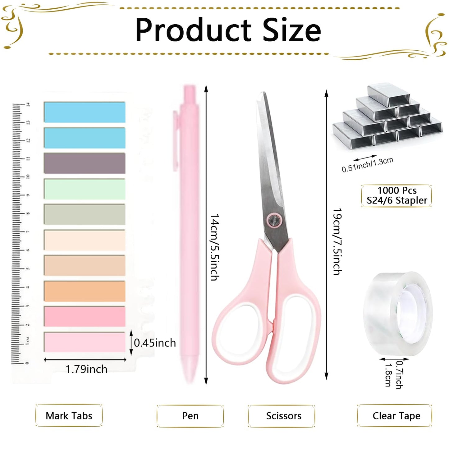 Office Supplies,Pink Desk Accessories, Stapler and Tape Dispenser Set for Women with Stapler,Tape Dispenser,Staple Remover,Staples,Clips,Scissors and Tabs,Gift for Students,Coworkers,Teacher,Business
