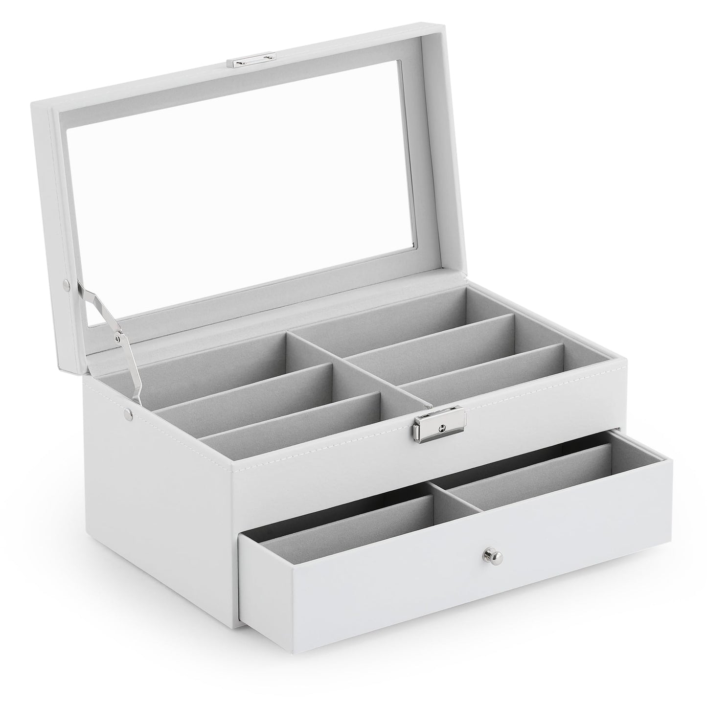CO-Z Sunglasses Organizer with 12 Slots, Leather Eyeglasses Storage Box for Women Men, 2 Story Lockable Display Case for Multiple Glasses, Sunglasses Jewelry Collection Holder with Drawer, White
