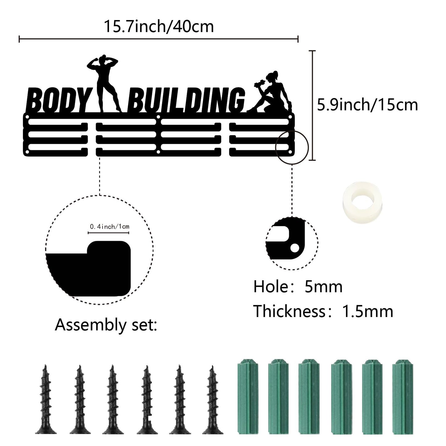 CREATCABIN Body Building Medal Holder Bodybuilding Medal Hanger Display Sports Ribbons Organizer Metal Black Rack Frame Shelf Wall Hanging Over 60+ Medals for Player Athlete Medalists 15.7 x 5.9 Inch