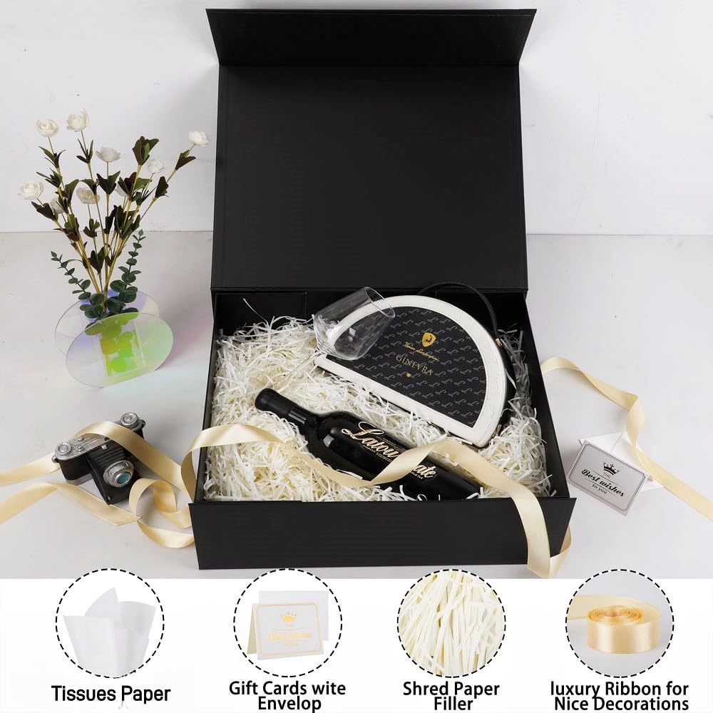 UoeRing 1 Extra Large Black Gift Box 17x14.5x6 inch Luxury Gift Box for Presents with Magnetic Closure Lid Collapsible,Birthday,Christmas,Contains Card, Ribbon,Tissue Paper,Shredded Paper Filler