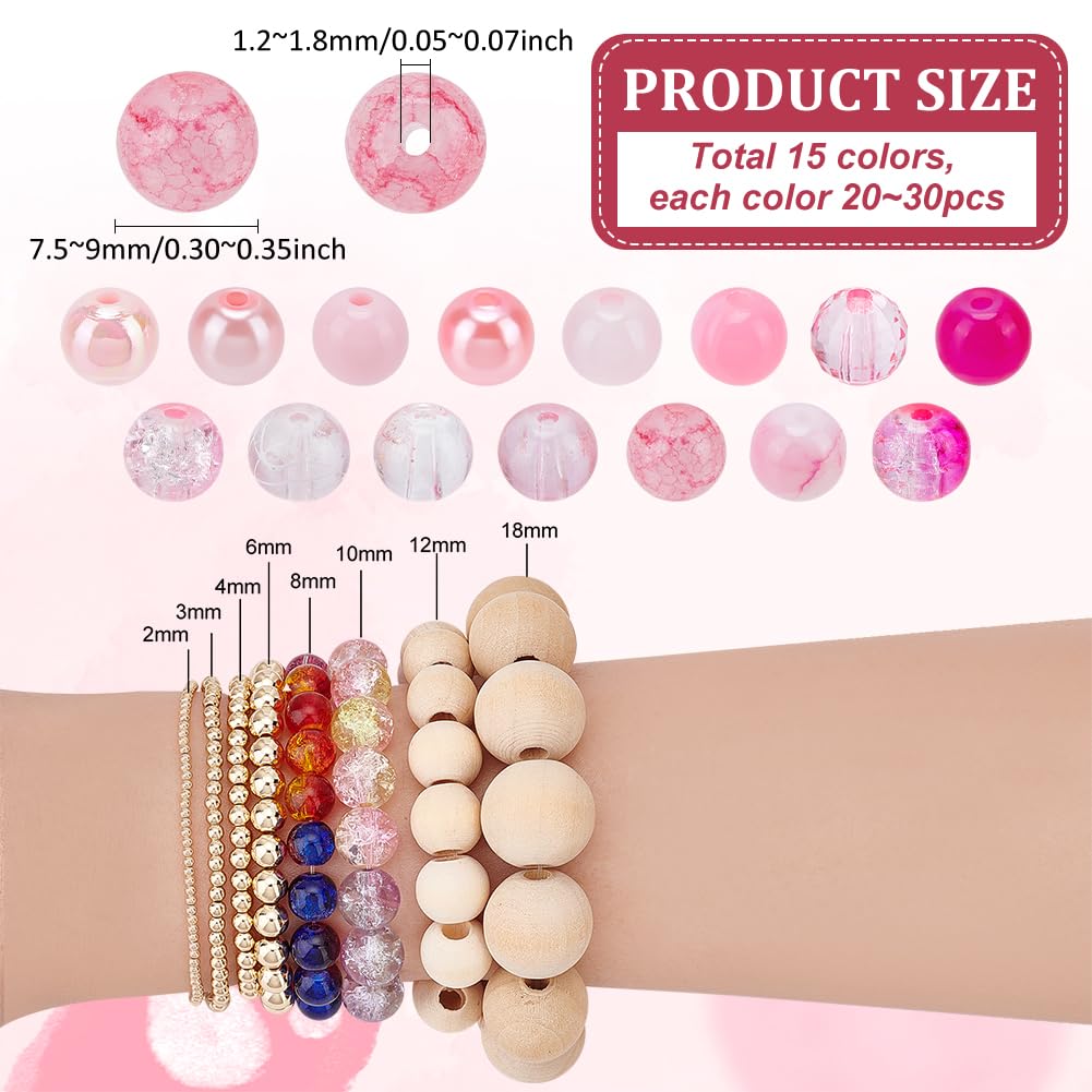 PH PandaHall 450pcs 8mm Pink Glass Beads, 15 Style Crackle Beads Baking Painted Bead Acrylic Loose Bead Spacers for Friendship Bracelets Necklaces Jewelry Making Mother's Day Wedding Birthday