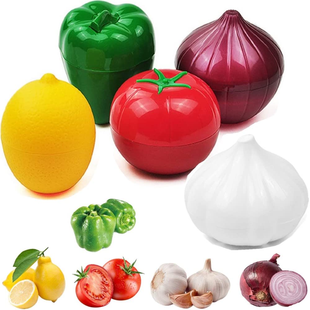 Vegetable and Fruit Storage Containers for Fridge, 5 Pcs BPA Free Reusable Food Saver - Tomato, Avocado, Onion, Lemon Keeper Holder - Refrigerator Vegetable Crisper