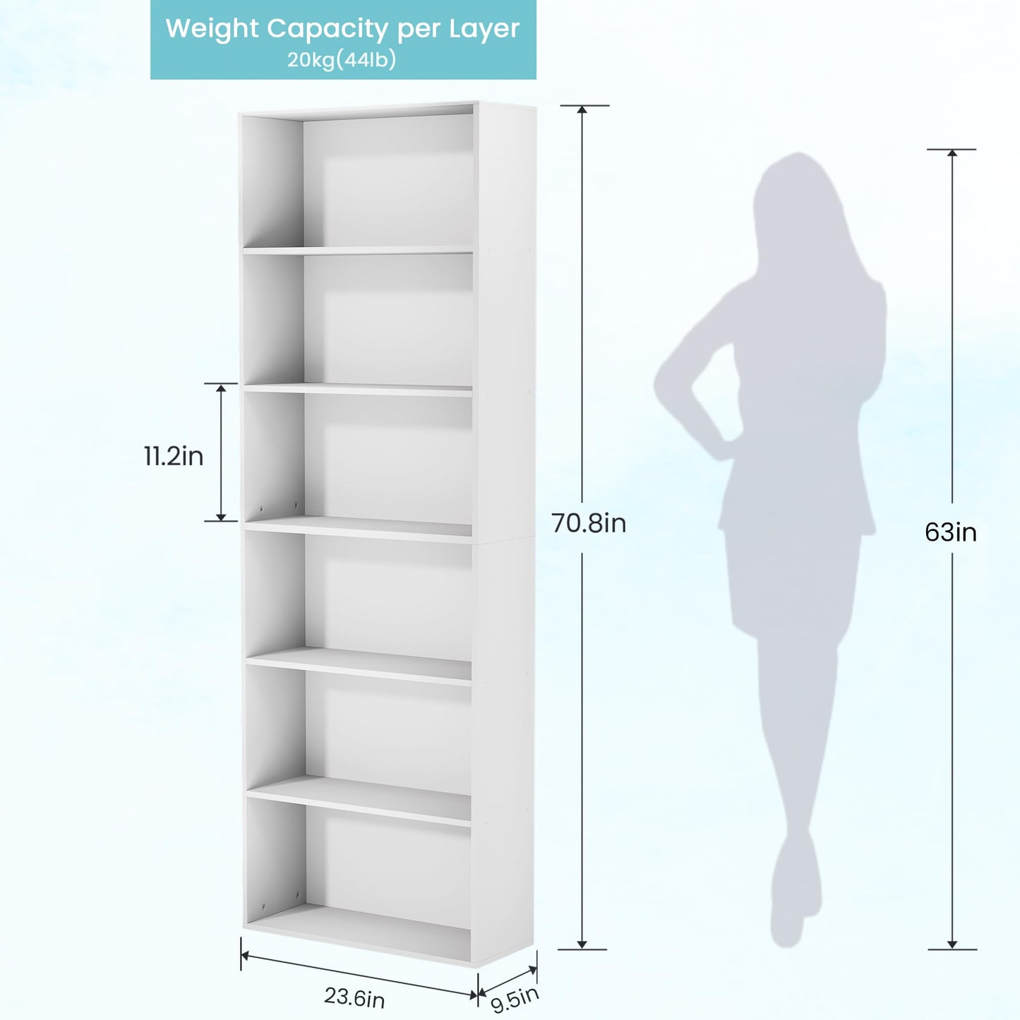 GRUSIGN 71" Tall 6-Tier Bookshelf, Large Open Display Bookcase with Ample Storage, Floor Standing Book Shelf for Living Room, Home Office, Bed Room, White