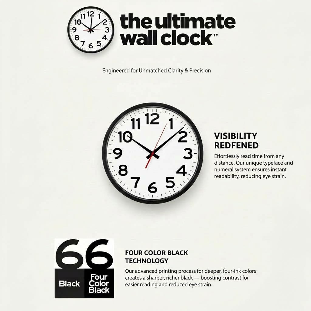 Ultimate Wall Clock | 14 Inch | Modern | Quartz | Analog | Home | Office | School | Gym | Indoor | Outdoor | Unbranded | Classic | Black | Battery Operated | Modern Décor | Ticking