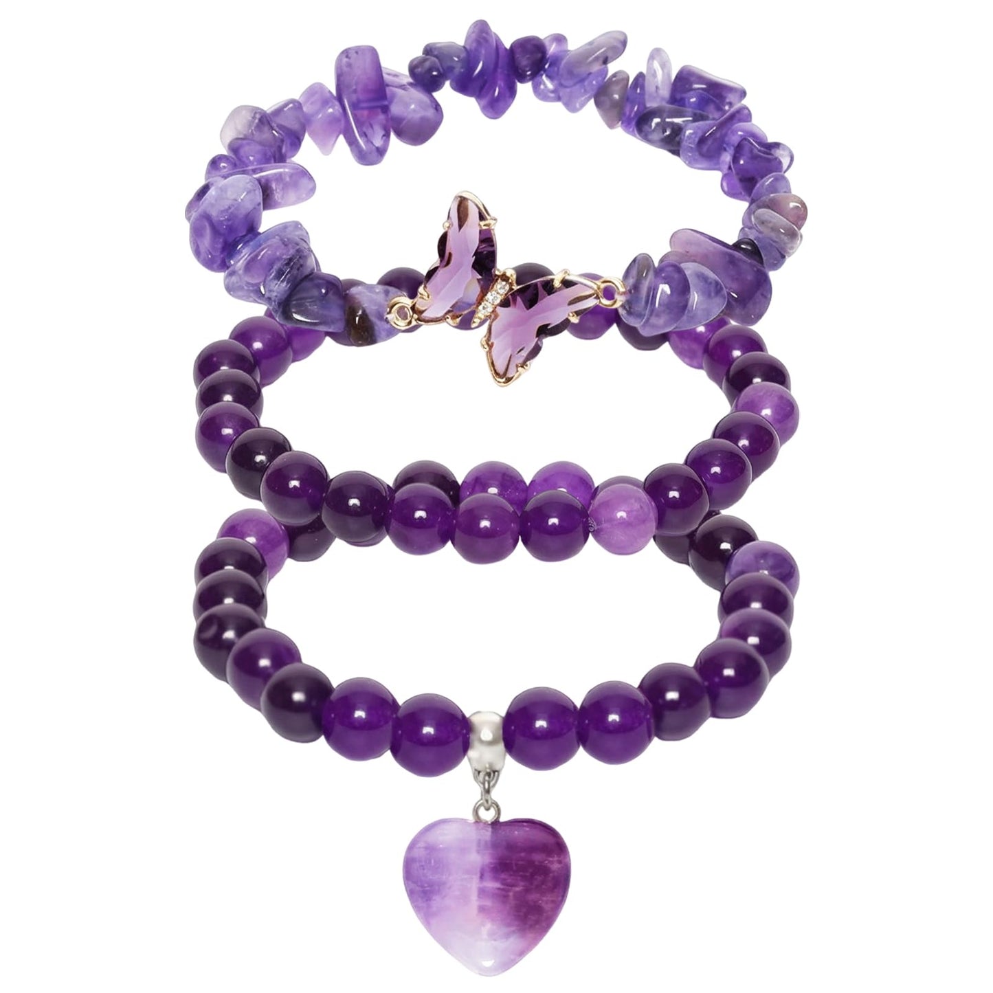 Sdfvsdg Healing Crystal Beaded Bracelet for Women Amethyst Gemstone Anxiety Stress Relief Charm Bracelet Butterfly Heart Charm Healing Stone Jewelry Gifts for Birthday Mothers Day Valentine
