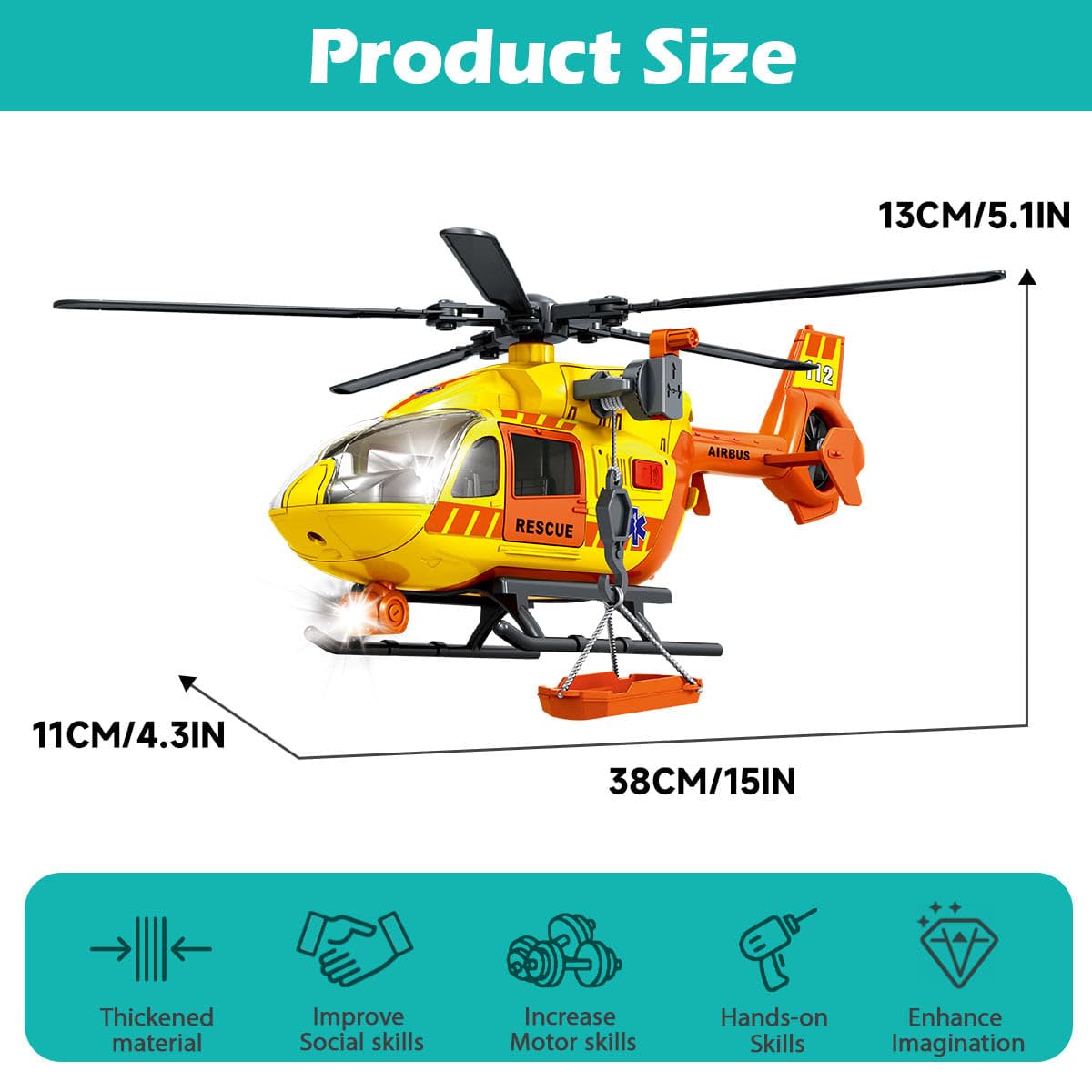 Rescue Toys Helicopter 15-in Airplane Toys for Kids with Hanging Basket Sounds and Lights for Boys Ages 3 4 5 6 7