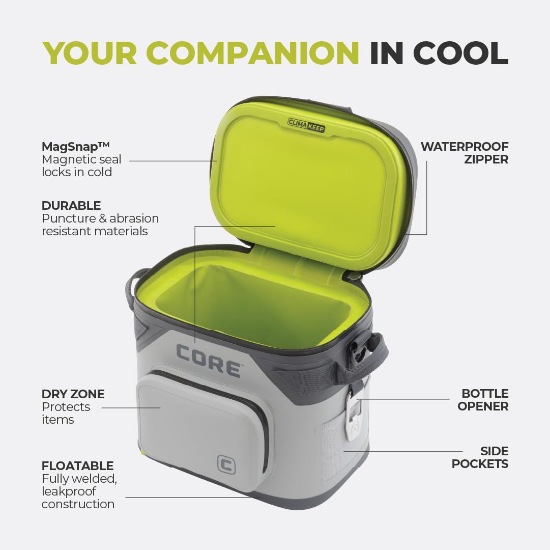 CORE Magnetic Leak Proof 12 Can Soft Cooler with Waterproof Zipper | Insulated Bag Portable Ice Chest Box | Best Soft Cooler for Food & Beverages for Tailgating, Car Camping, and Family Beach Picnics