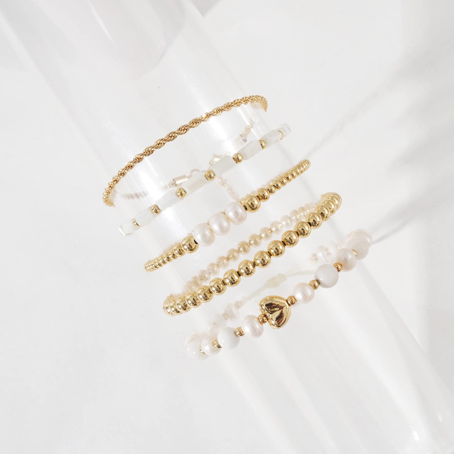 GOOJIDS Tiny Pearl Gold Plated Heart Beaded Bracelets For Women Dainty Gold Plated Pearls Stack Layered Beads Bracelet set for MAMA Birthday