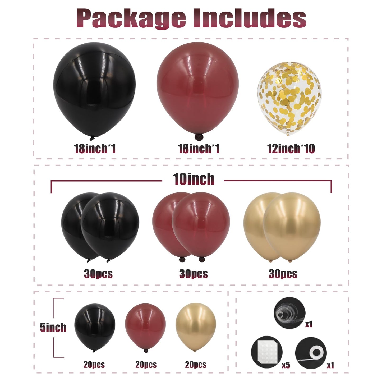 Burgundy and Gold Balloon Arch Kit, 162pcs Different Sizes with Burgundy Black Chrome Gold Confetti Balloons for Graduation Ceremony Prom Anniversary Wine Birthday Party Decorations