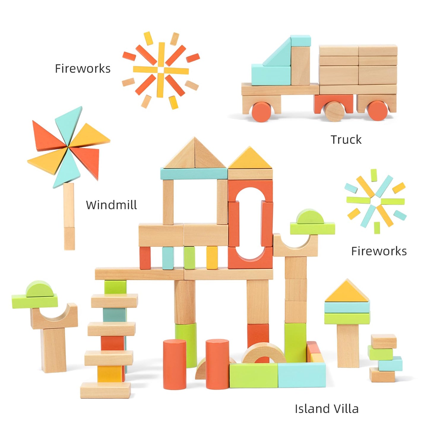 MEEYOO 100pcs Wooden Blocks for Toddlers 1-3, Building Blocks for Toddlers 1-3, Wooden Block for Baby Shower with Storage Bucket, Montessori Toys for Preschool Girls and Boys