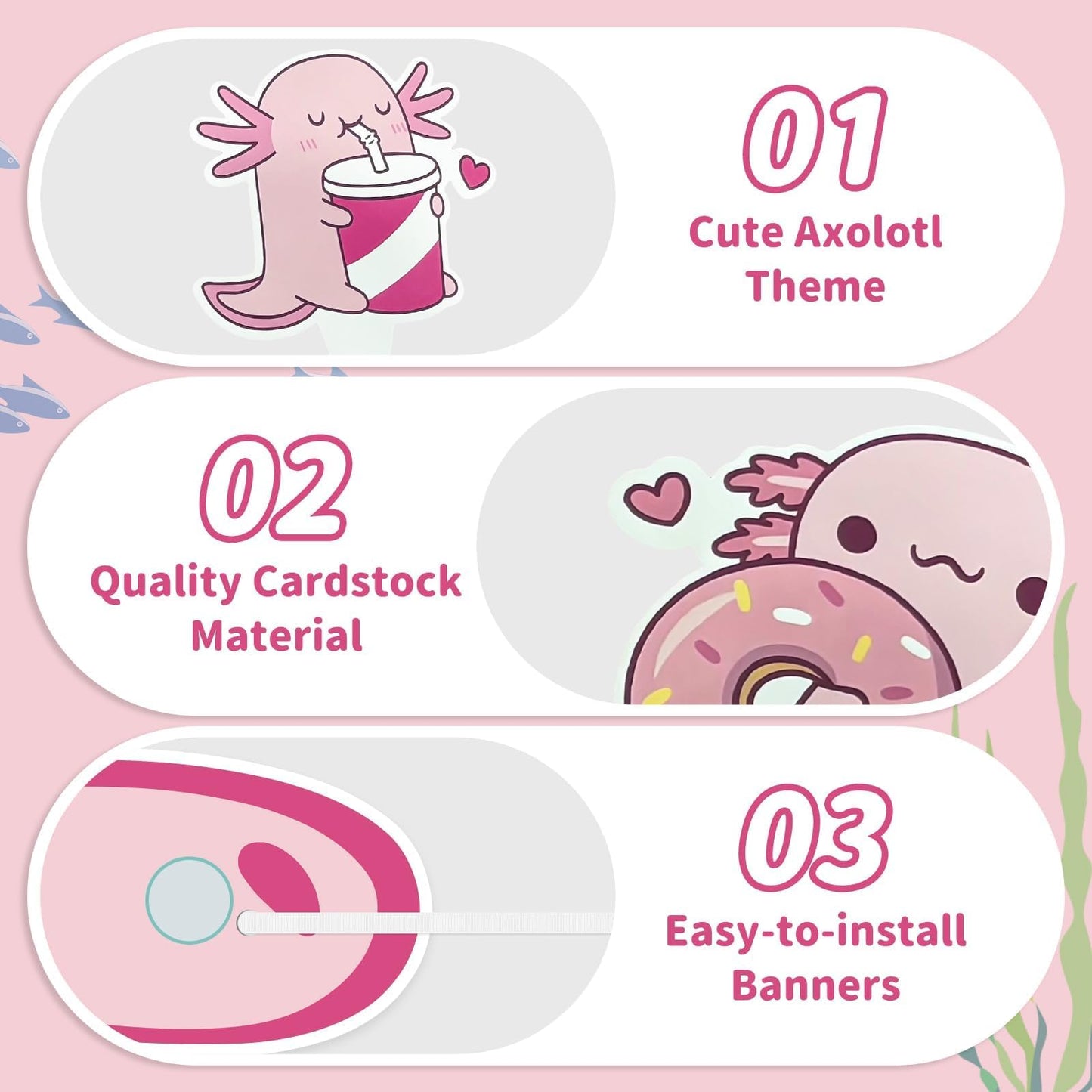 NeusWonder 120 PCS Axolotl Birthday Party Decorations Kit Axolotl Banner, Cake Topper, Cupcake Toppers, Hanging Swirls & Stickers Cute Axolotl Theme Party Supplies for Birthday, Party Decor