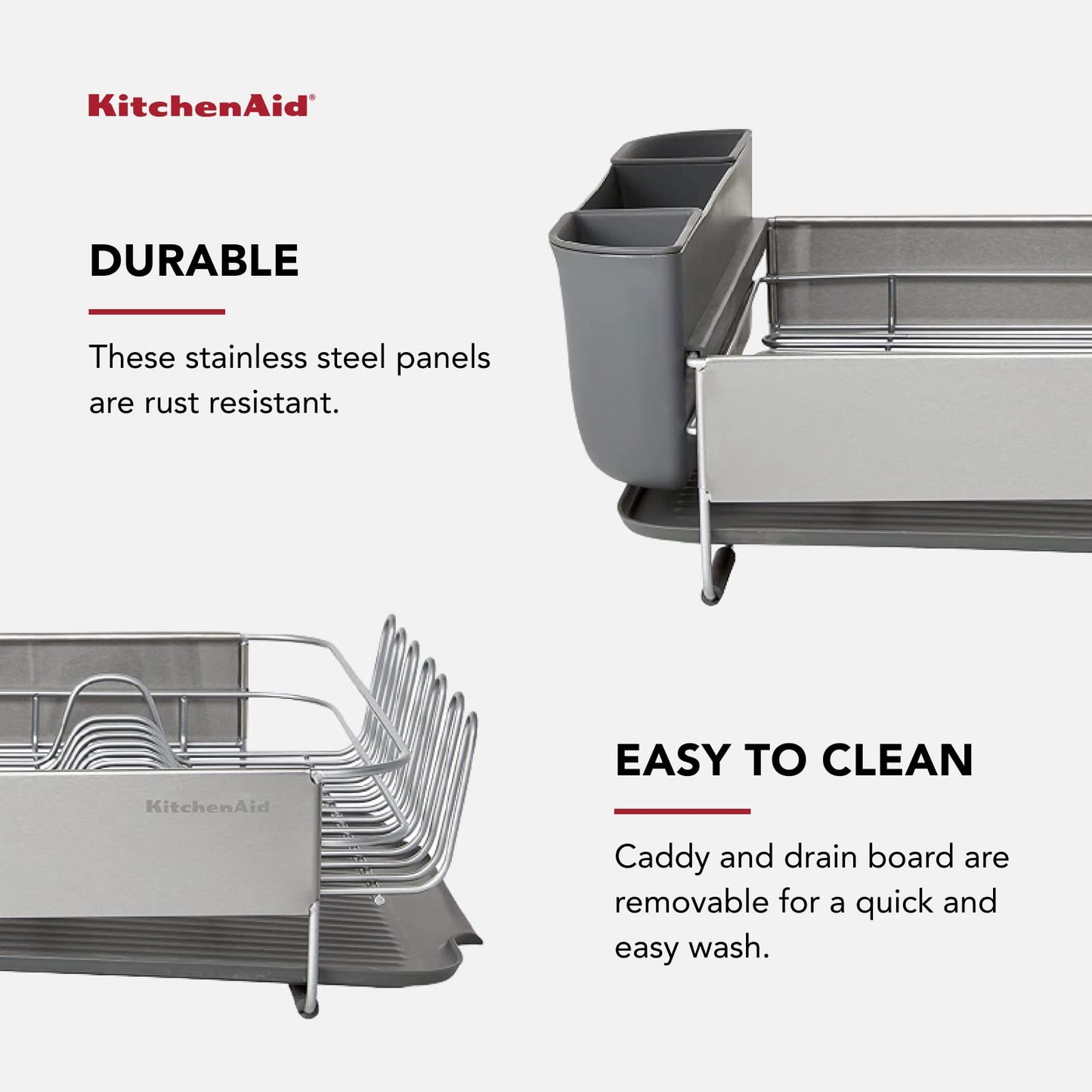 KitchenAid Large Capacity, Fully Size Self Draining Rust Resistatant Satin Coated Dish Rack with Removable Flatware Caddy 20.47-Inch, Gray