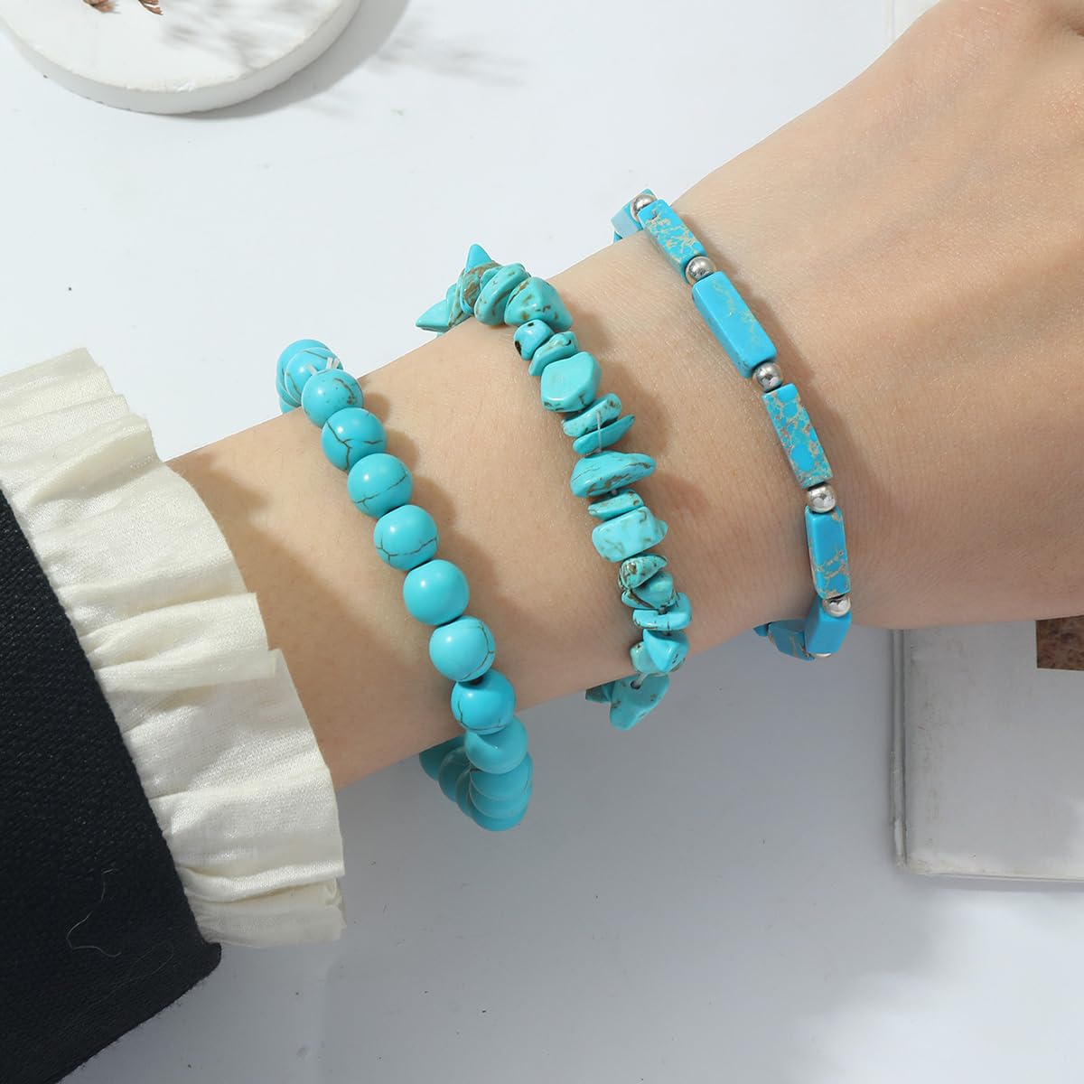 IVY TAILI 3Pcs Turquoise Bracelet for Women Boho Turquoise Bead Bracelet Natural Stone Beaded Stretch Bracelets Set Healing Crystal Bracelets Turquoise Jewelry for Women