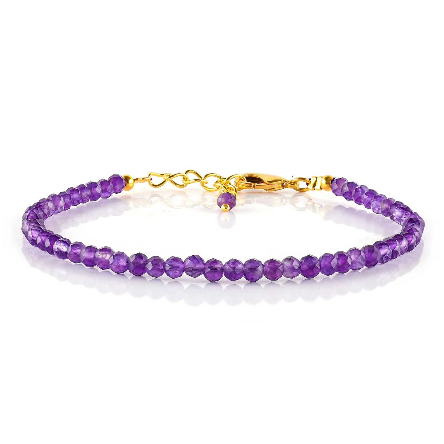 Natural Purple Amethyst Gemstone Micro Beads Dainty Bracelet Jewelry for Women, February Birthstone, Chakra Energy Crystals, 14k Gold Plated Chain 8 inch Adjustable