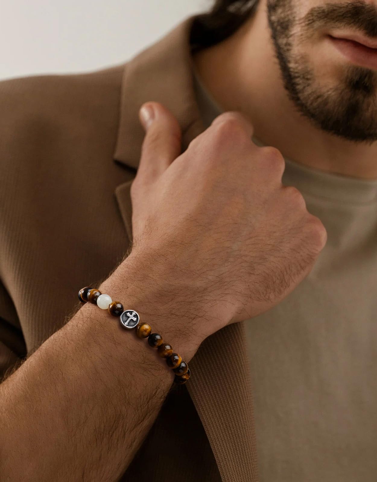 Landorilo Gifts for Men, 8mm Cross Natural Stone Beaded Bracelets, Yellow Tiger Eye Healing Bracelet, Handmade Mens Jewelry Gift for Him, Husband, Son, Father, Friend(To My Son-8.3in)
