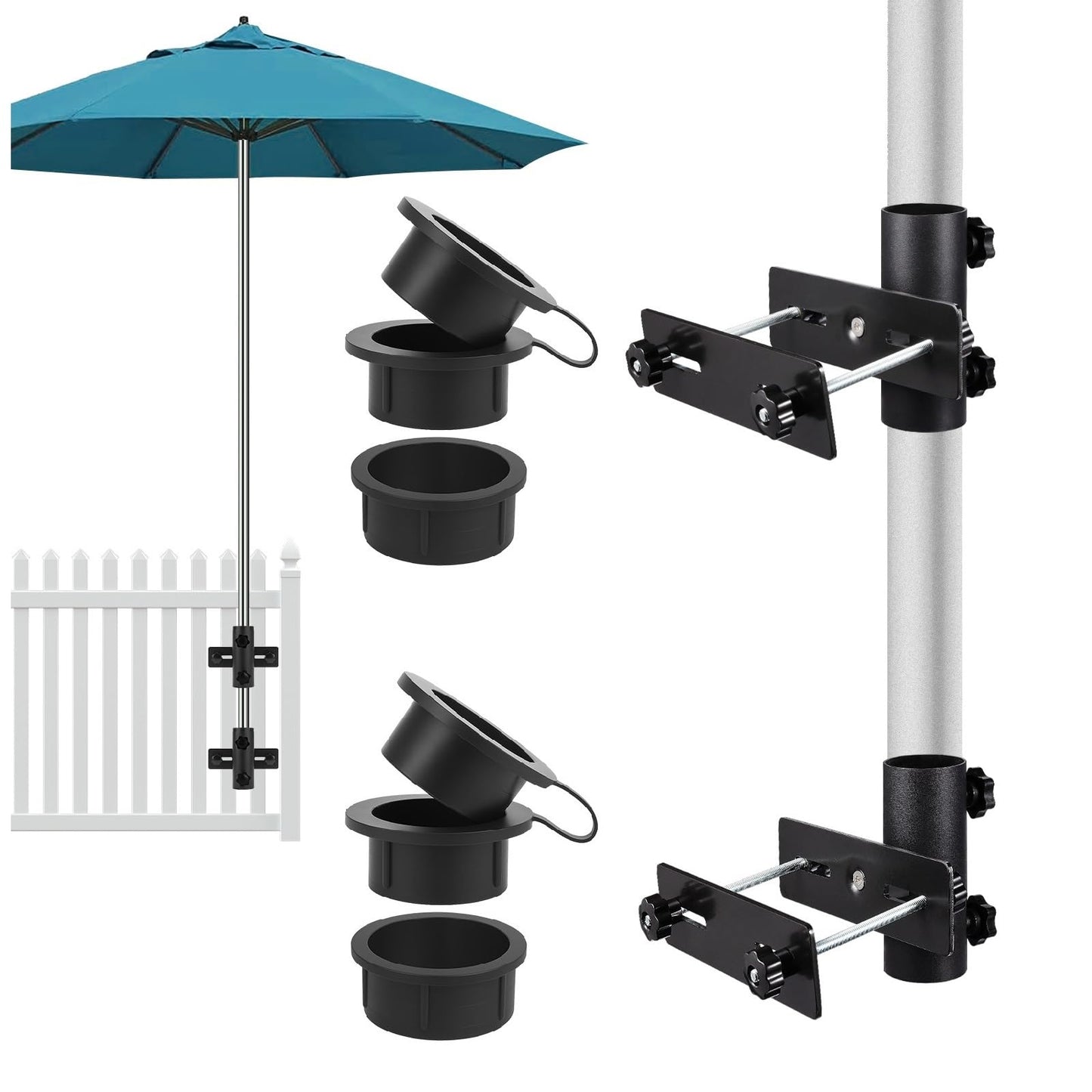 SLIIMU Umbrella Stand for Deck Railing, Patio Fence Umbrella Holder Clamp Outdoor, Adjustable Deck Post Parasol Mount Bracket, Metal Balcony Parasol Base Clip on Porch, Courtyard (Black)