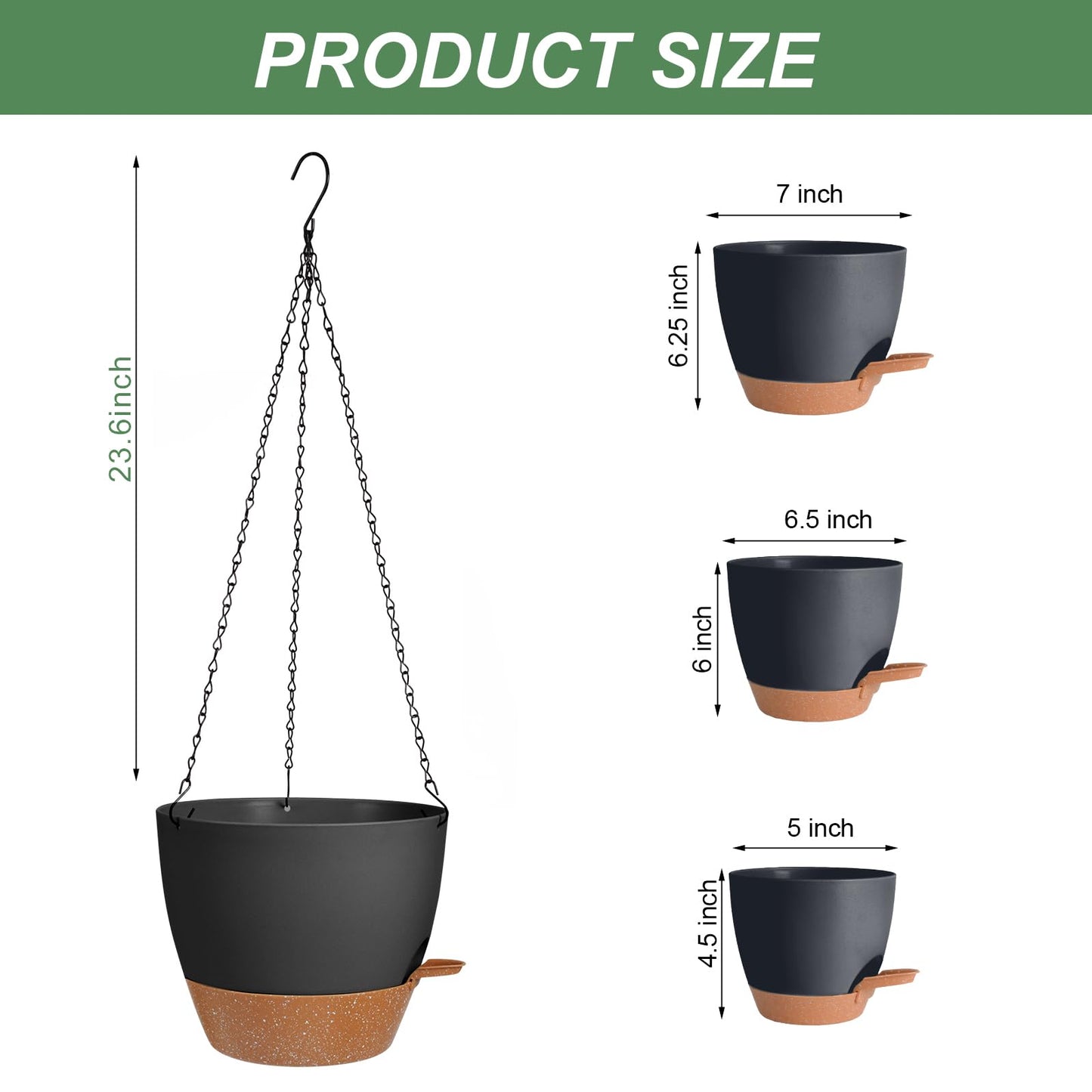 Lucieblessdesign 3 Pack Hanging Planter Indoor Outdoor Flower Pots 7/6.5/5 Inch, Self-Watering Hanging Pot with Drainage Holes Hanging Baskets Holder Plant Pots for Garden (Black)