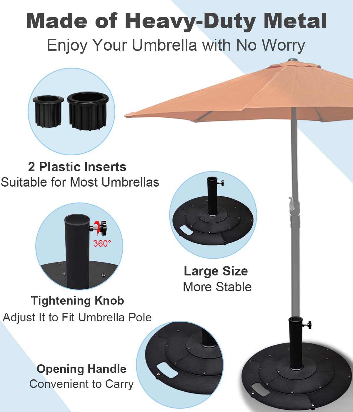 Koutemie 21 Inches Metal Umbrella Base with 2 Adapters for 1-¼" or 1-½" Umbrella Poles, Heavy Duty Weighted Outdoor Umbrella Stand Holder for Patio Table, Black