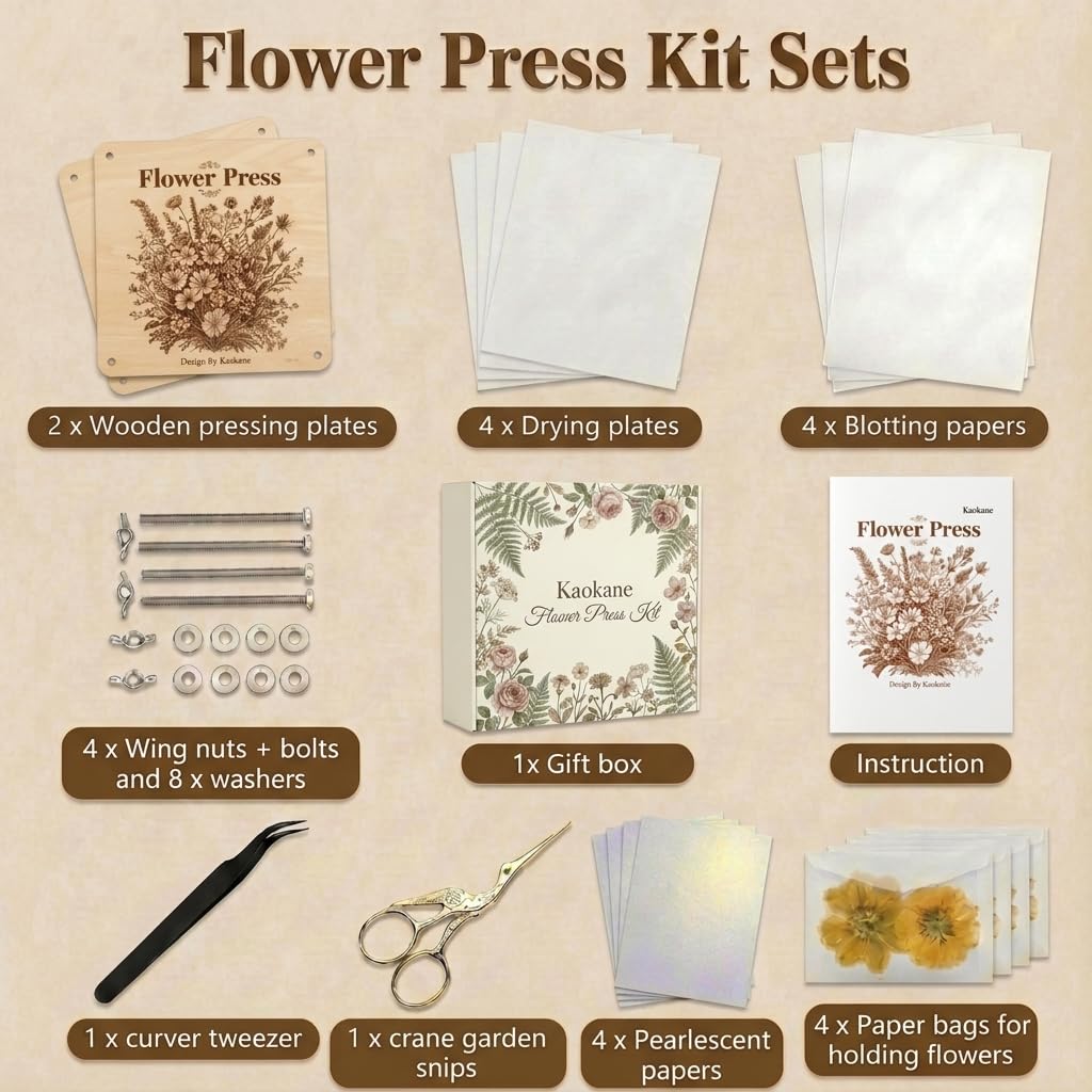 Kaokane Flower Press Kit, 9x9 Wooden Flower Pressing kit with 4 Reusable Drying Plates & 4 Blotting Papers, Dried Flowers Art for Wedding, Pressed Flower kit Herbarium Press Botanical Press kit