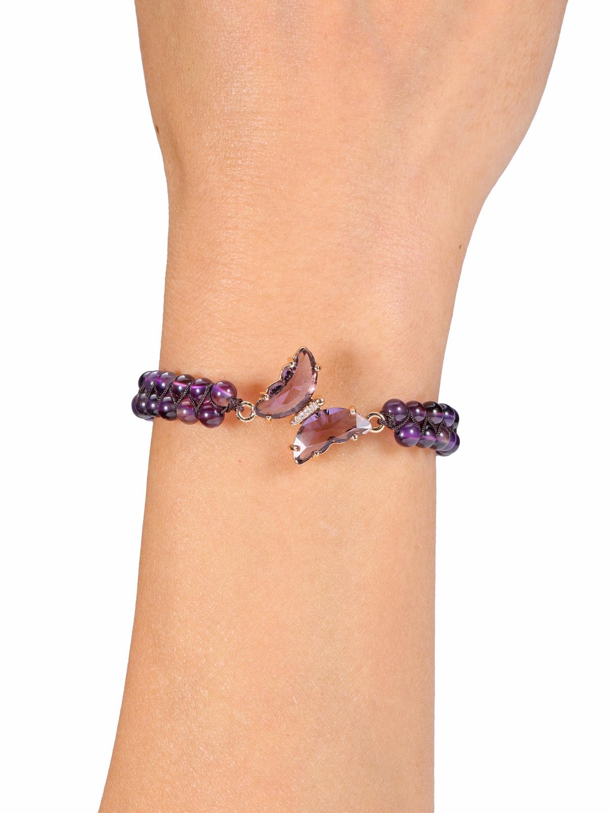 Top Plaza Healing Crystal Amethyst Bracelets for Women Purple Butterfly Natural Gemstone Beaded Bracelet Jewelry Gifts for Mom